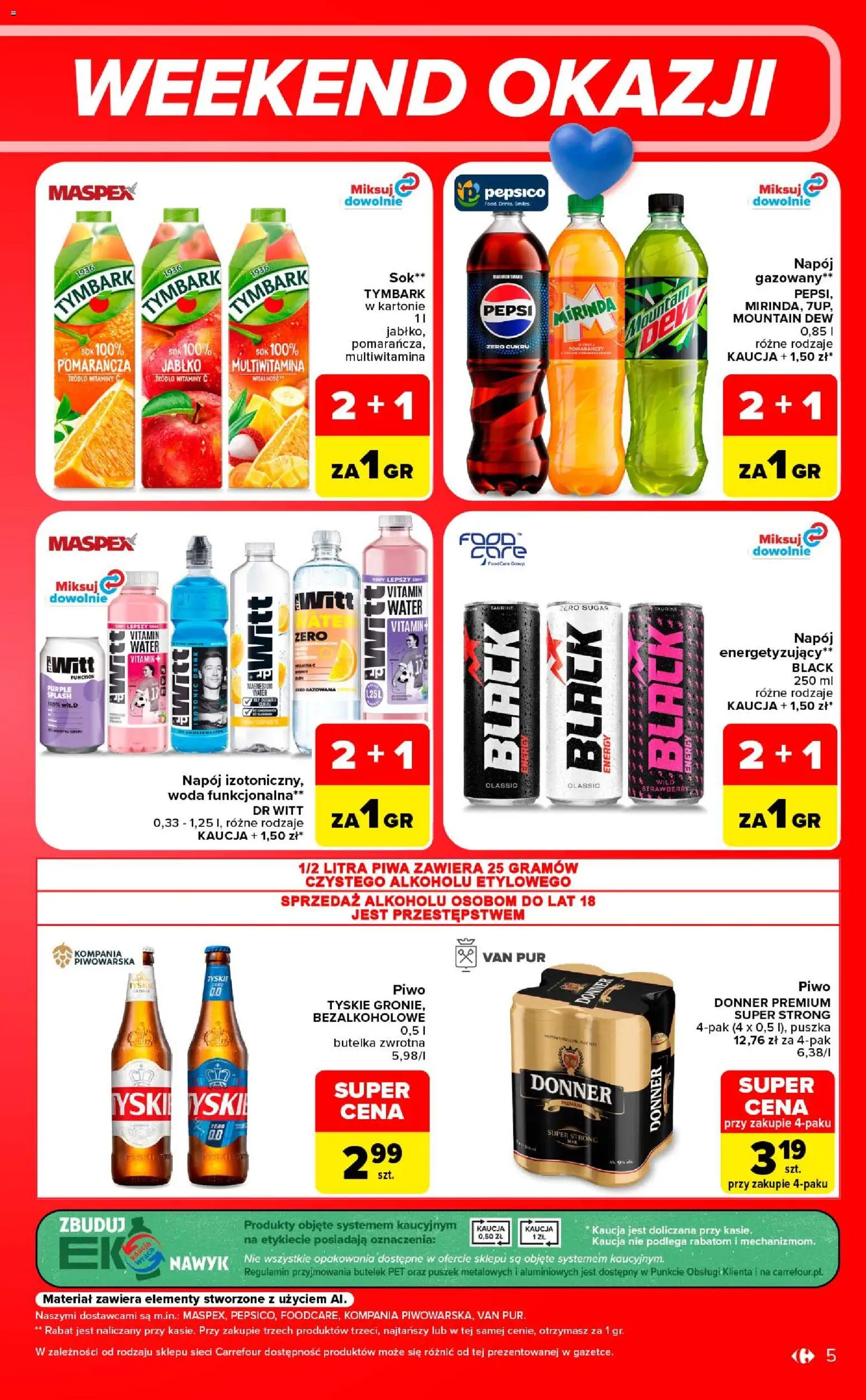 Carrefour gazetka - Weekend okazji od 03.09.2026 | Strona: 5 | Produkty: Tymbark, Pepsi, Pepsi mirinda, Piwo
