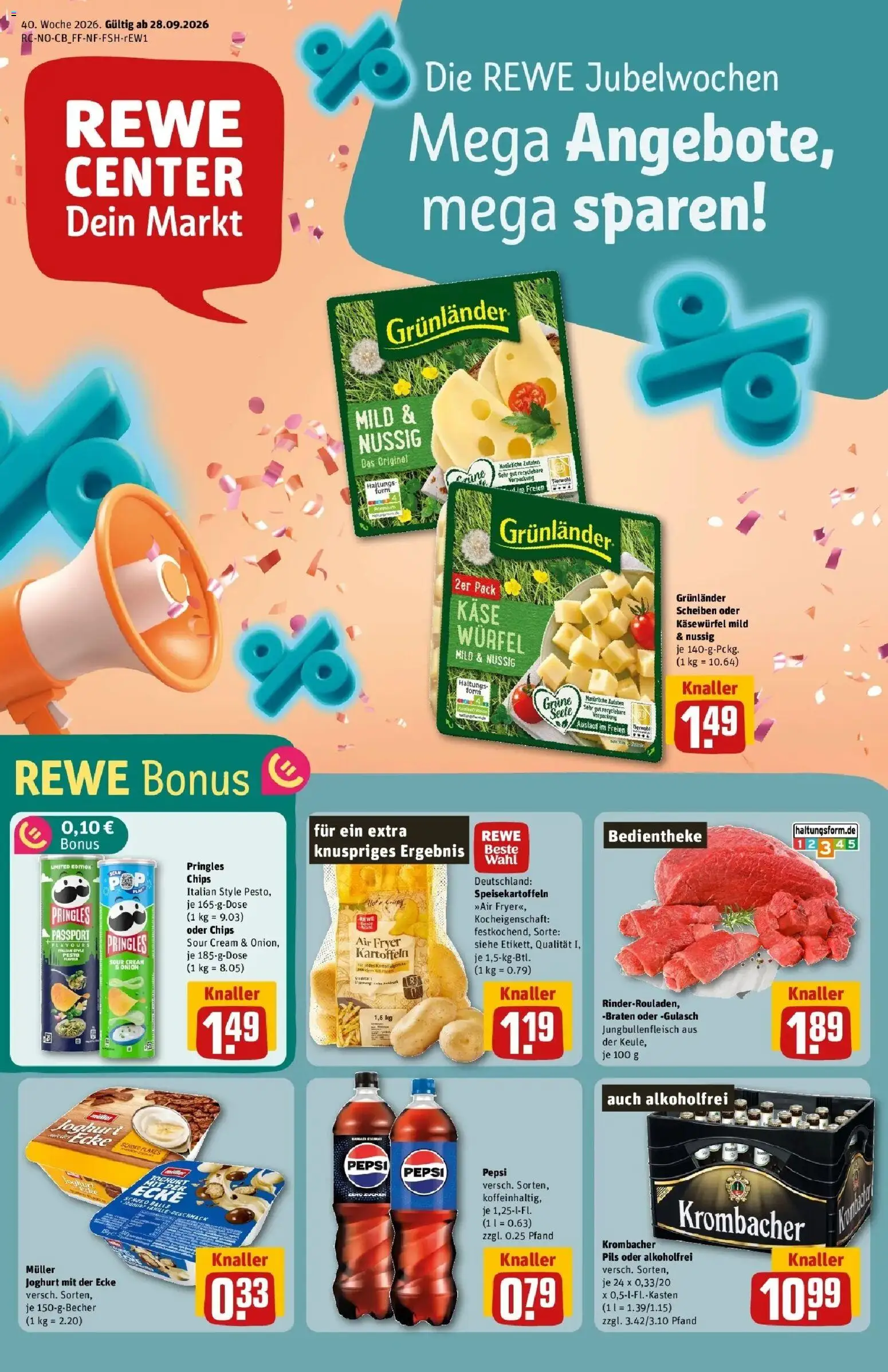 REWE Prospekt ab 28.09.2026 zum Blättern » Angebote | Seite: 1 | Produkte: Pils, Vanille, Gulasch, Pringles