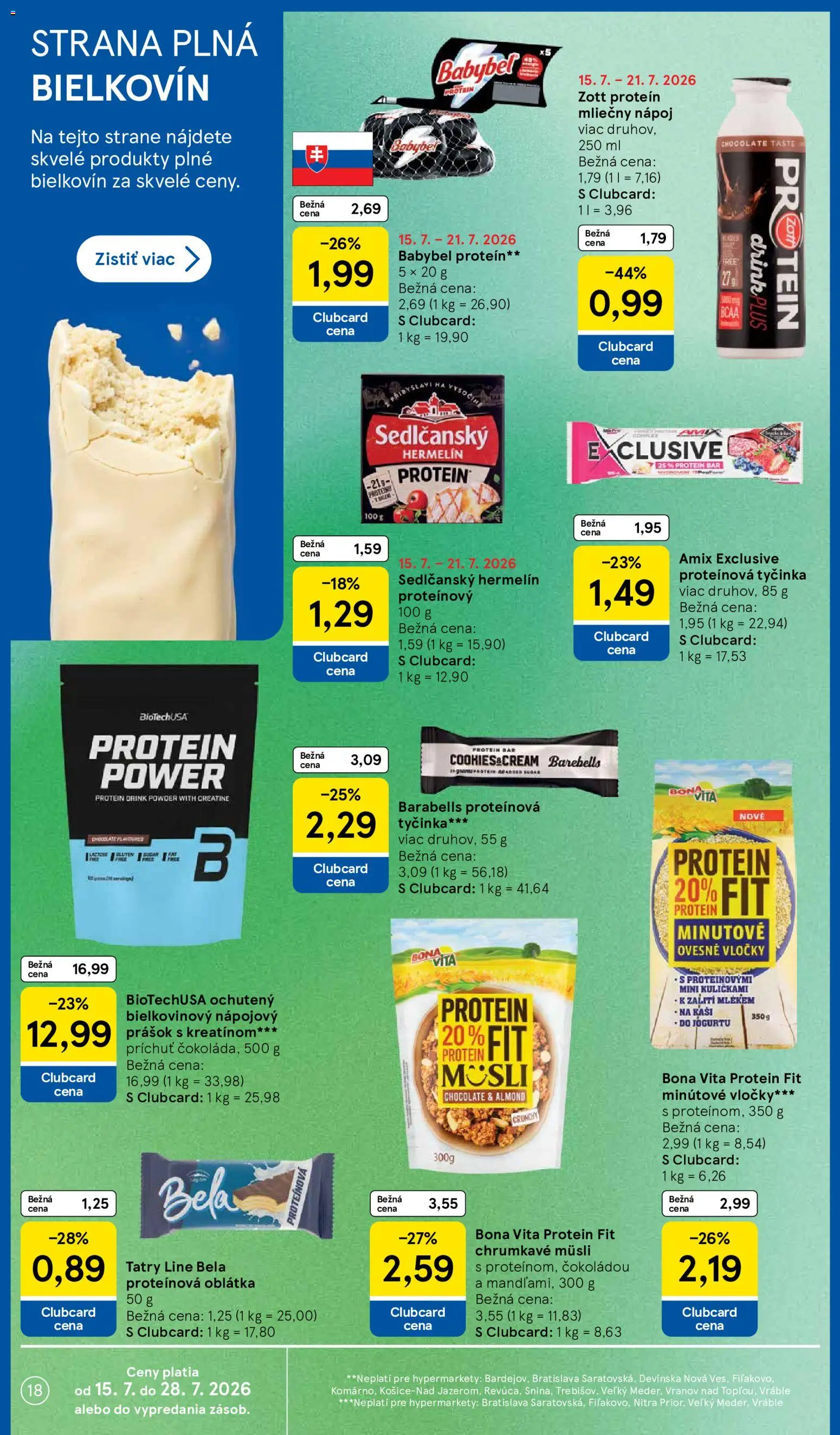 Nové Tesco akcie – leták je platný od 15.07.2026 | Strana: 18 | Produkty: Müsli, Proteínová tyčinka, Vločky, Hermelín