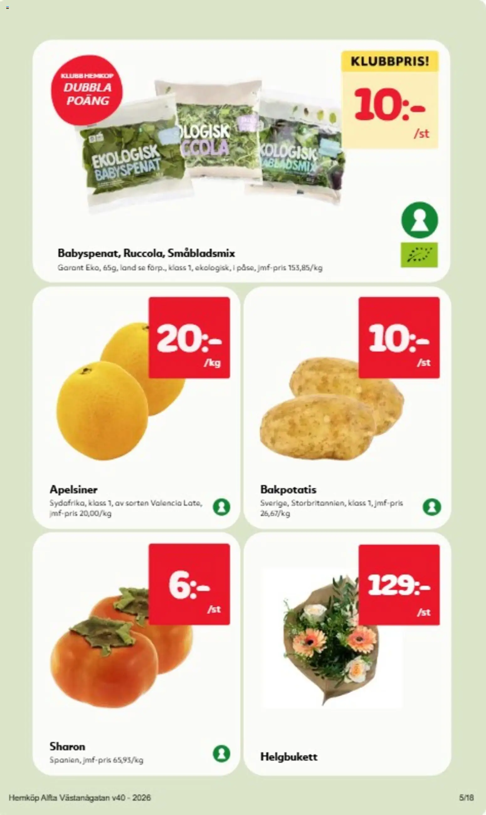 Hemköp reklamblad aktuell från 28/09/2026 | Sida: 5 | Produkter: Babyspenat, Bakpotatis, Apelsiner, Sharon