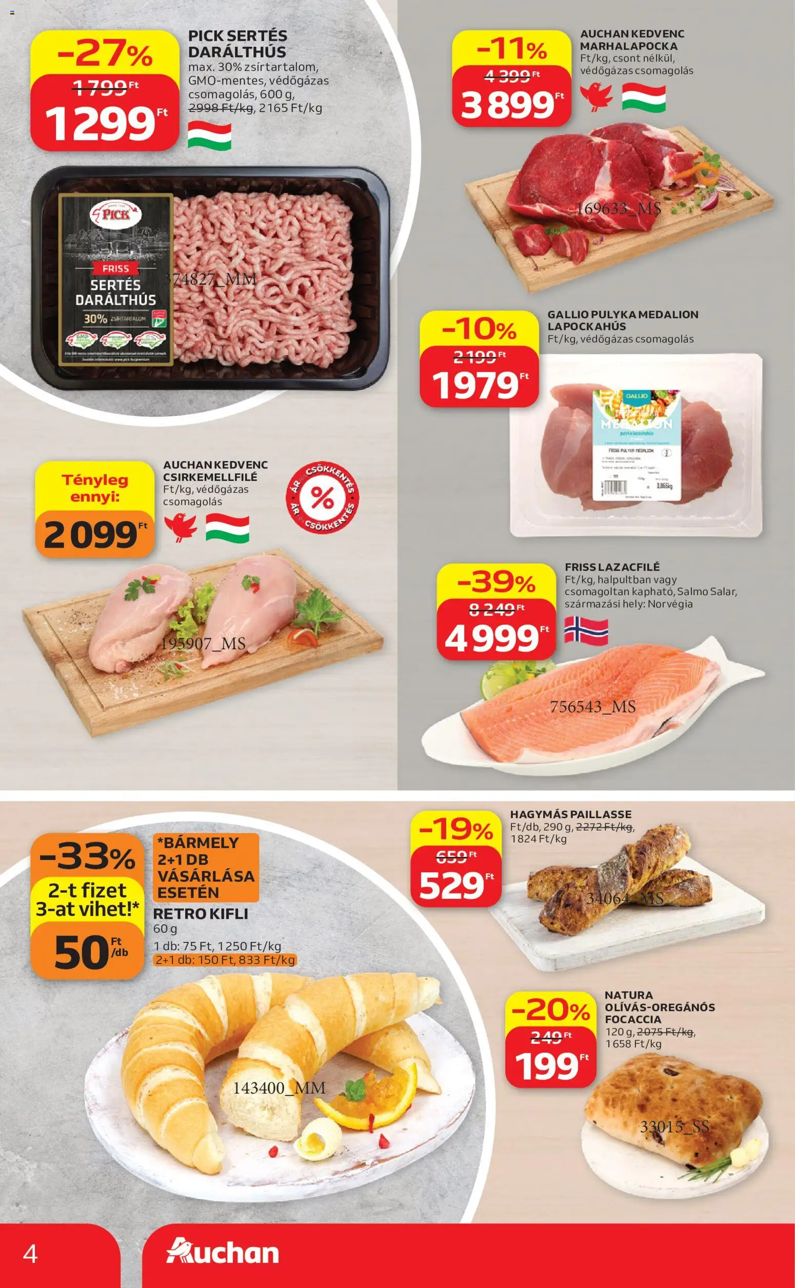 Auchan akciós ujság - amely érvényes a következő dátumtól: 2026.08.13. | Oldal: 4 | Termékek: Kifli, Pick, Lazacfilé, Csirkemellfilé