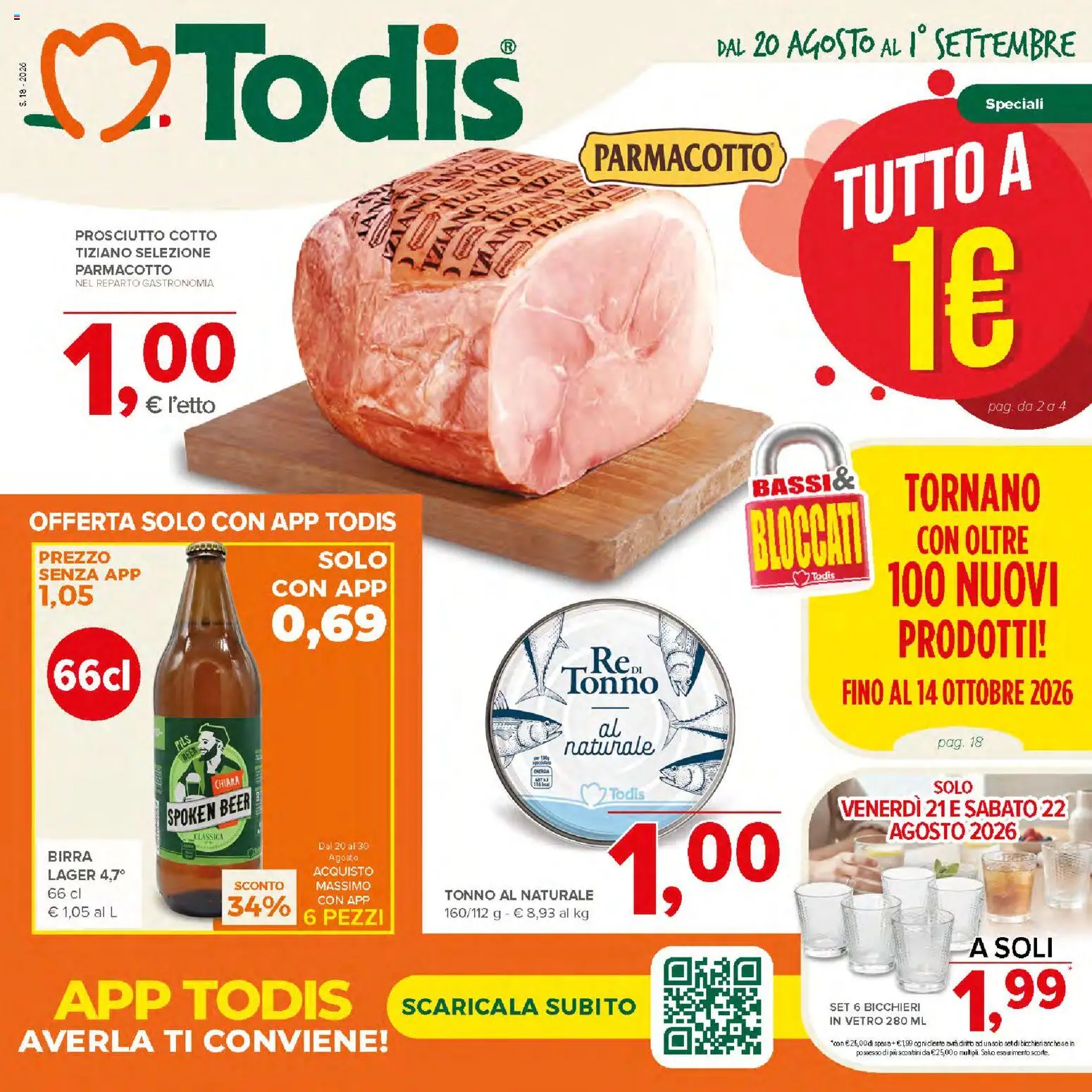 Volantino Todis del 20/08/2026 | Pagina: 1 | Prodotti: Prosciutto Cotto, Birra, Prosciutto, Tonno al naturale