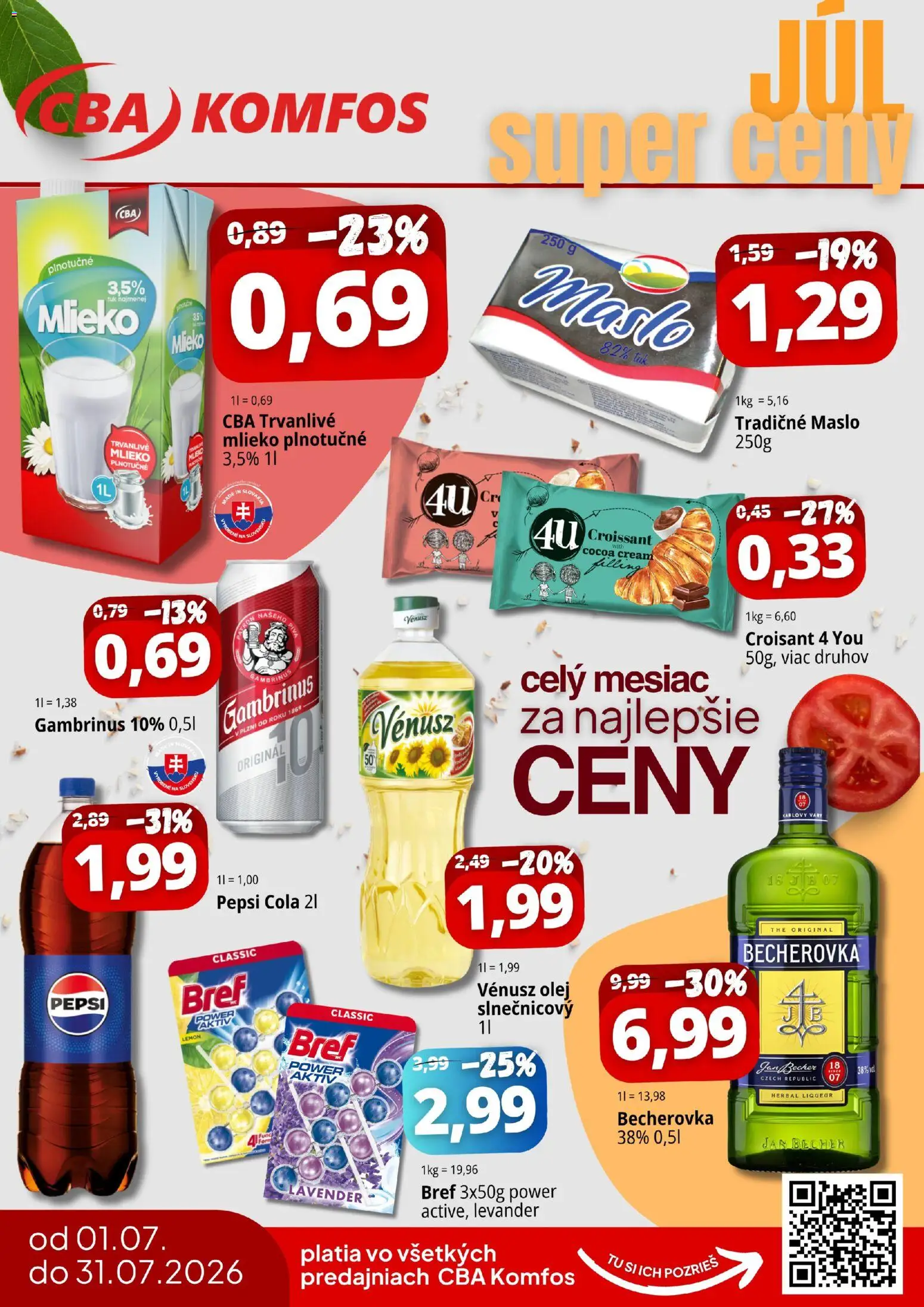 Nové CBA Komfos akcie – leták je platný od 01.07.2026 | Strana: 1 | Produkty: Becherovka, Olej, Croissant, Pepsi