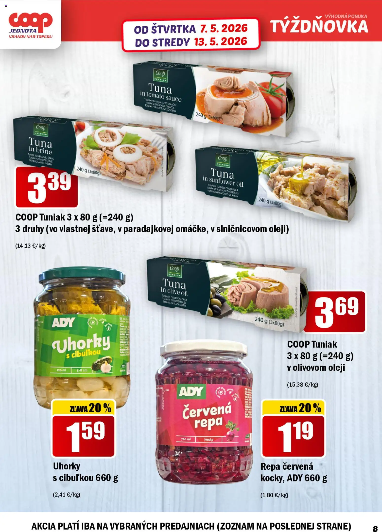 Nové COOP Jednota akcie – leták je platný od 07.05.2026 | Strana: 8 | Produkty: Olej, Tuniak, Uhorky