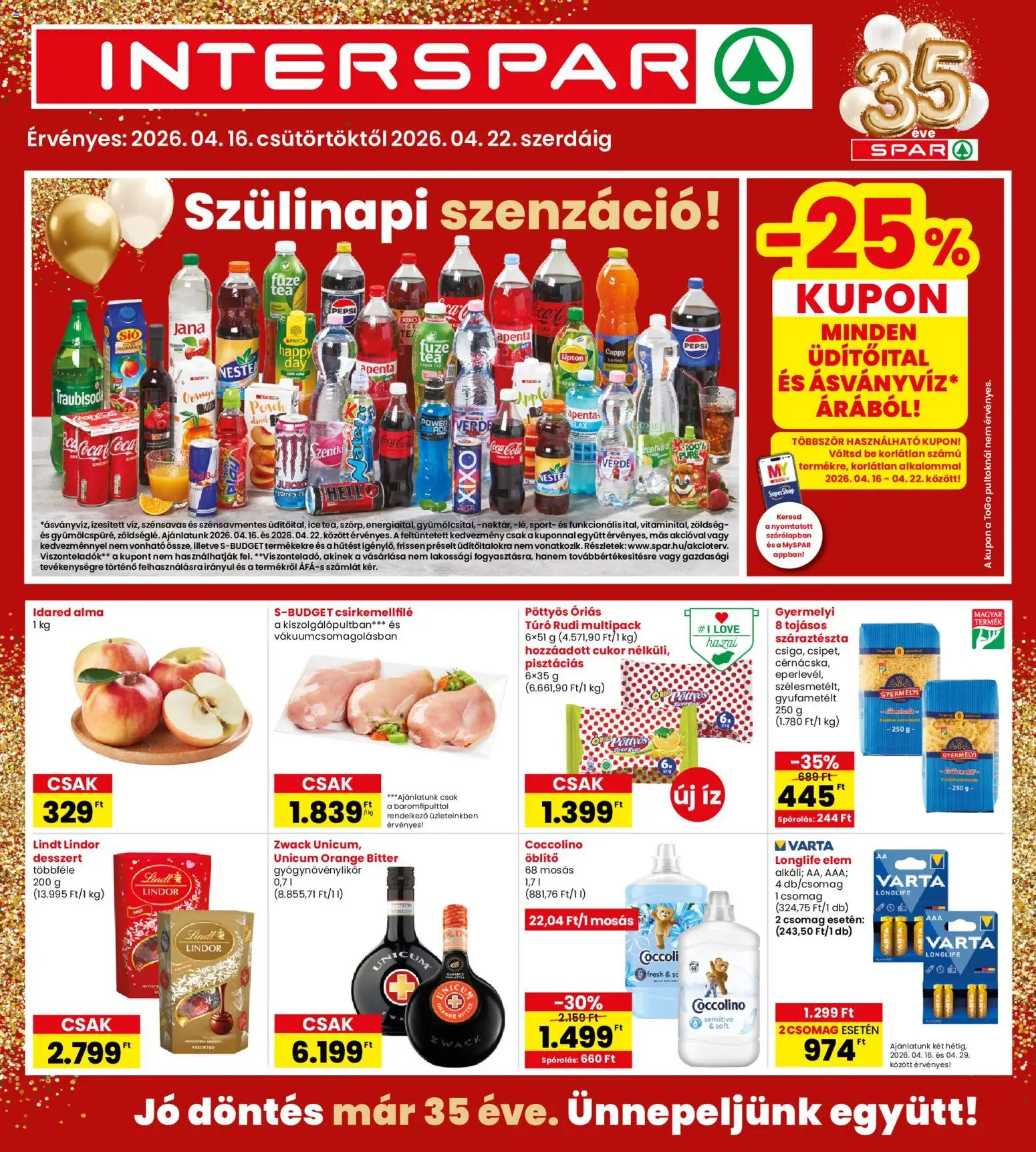 Interspar akciós ujság - amely érvényes a következő dátumtól: 16.04.2026 | Oldal: 1 | Termékek: Túró rudi, Zöldség, Száraztészta, Cukor