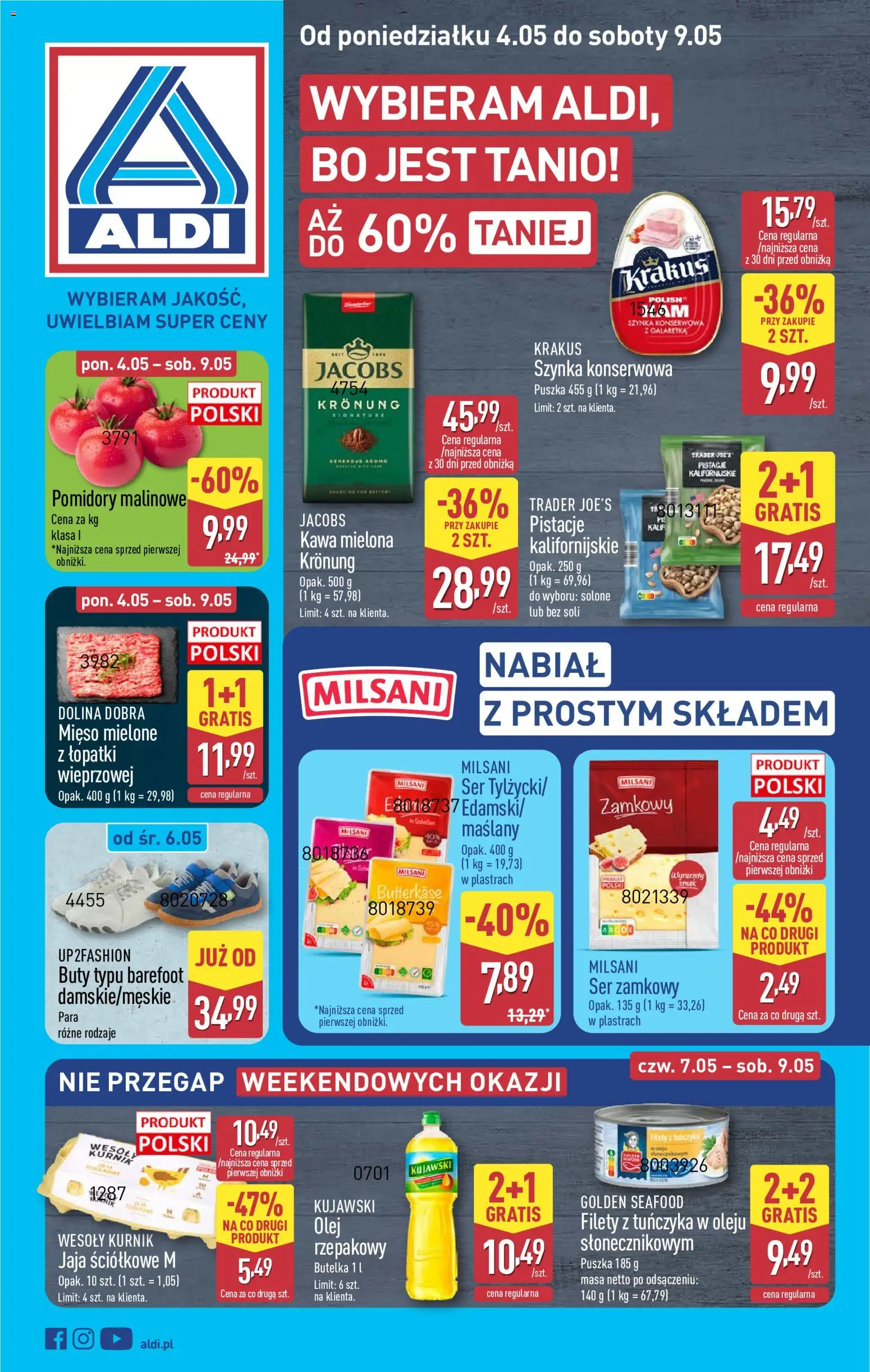 Aldi gazetka od 04.05.2026 | Strona: 1 | Produkty: Buty, Mięso, Mięso mielone, Olej