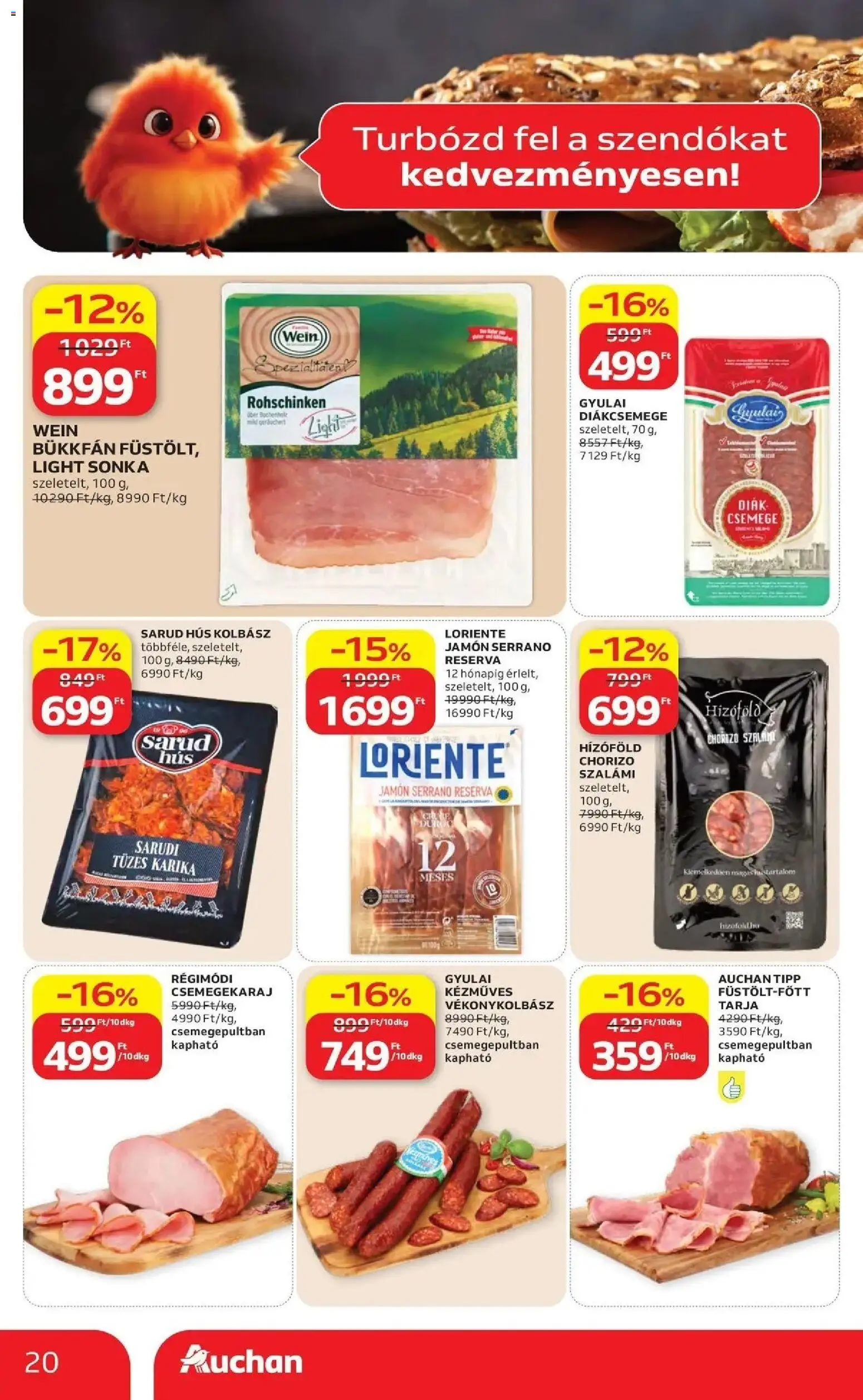 Auchan akciós ujság - amely érvényes a következő dátumtól: 07.05.2026 | Oldal: 20 | Termékek: Hús, Tarja, Sonka, Szalámi