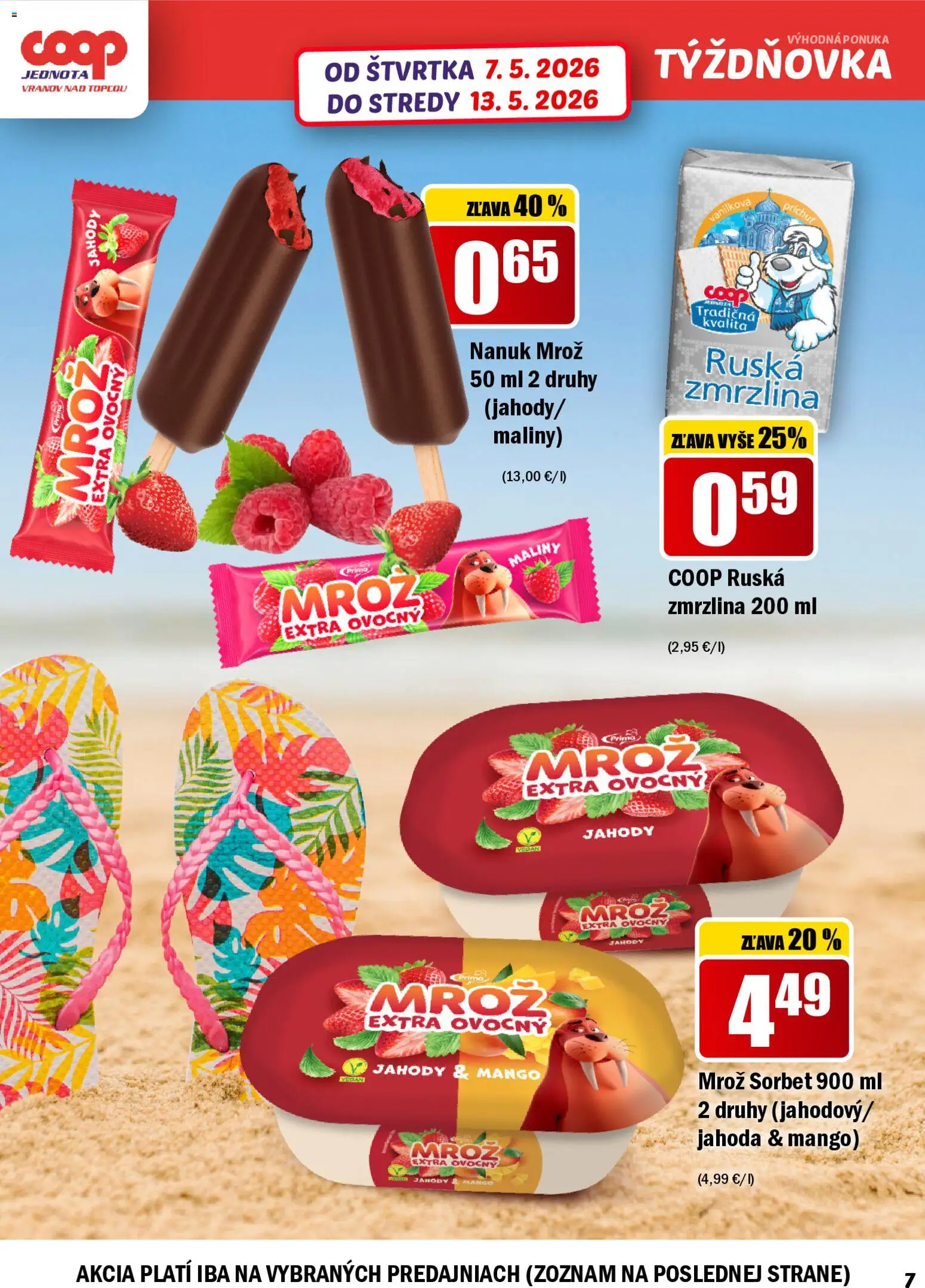 Nové COOP Jednota akcie – leták je platný od 07.05.2026 | Strana: 7 | Produkty: Nanuk, Sorbet, Jahody, Mango