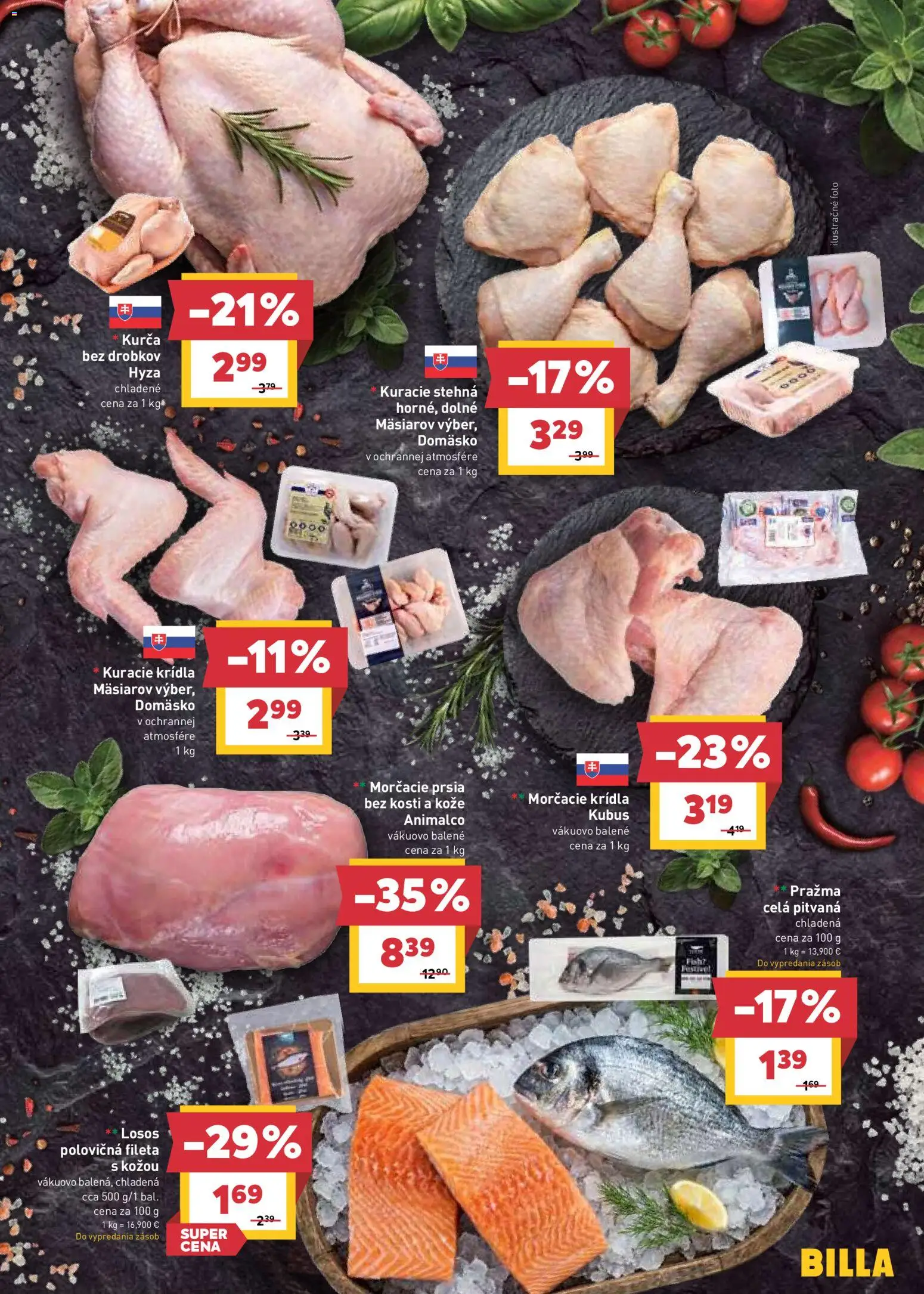 Nové Billa akcie – leták je platný od 19.08.2026 | Strana: 5 | Produkty: Kuracie stehná, Losos, Kuracie krídla, Stehná