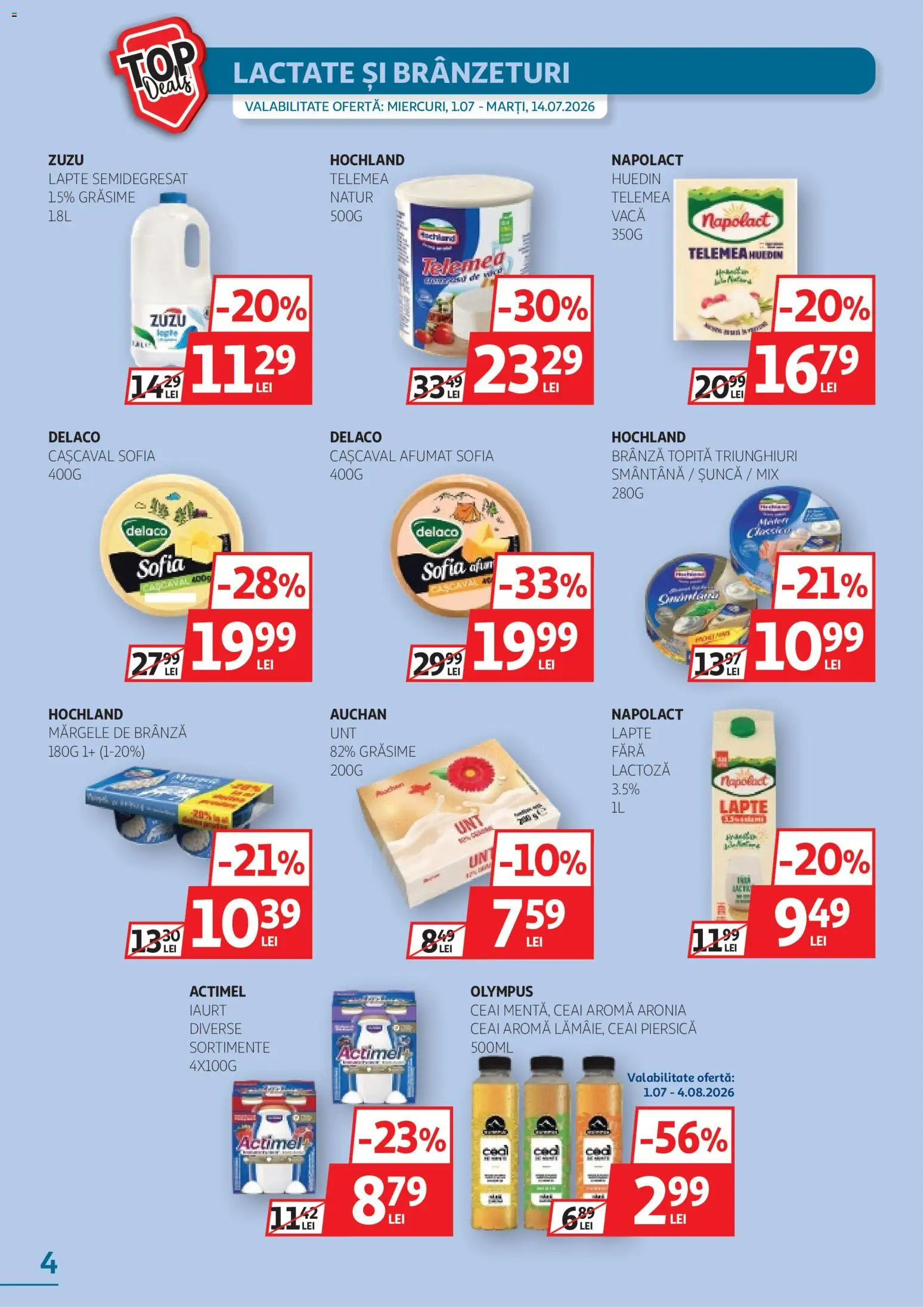 Noul catalog Auchan – valabil de la 01.07.2026 | Pagină: 4 | Produse: Cașcaval, Iaurt, Șuncă, Ceai
