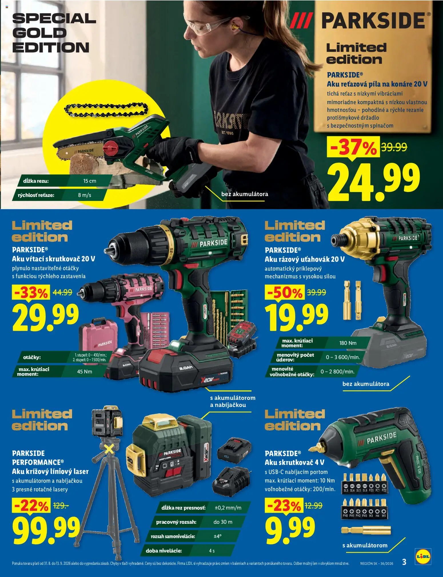 Nové Lidl akcie – leták je platný od 31.08.2026 | Strana: 3 | Produkty: Laser, Aku reťazová píla, Reťazová píla, Aku skrutkovač