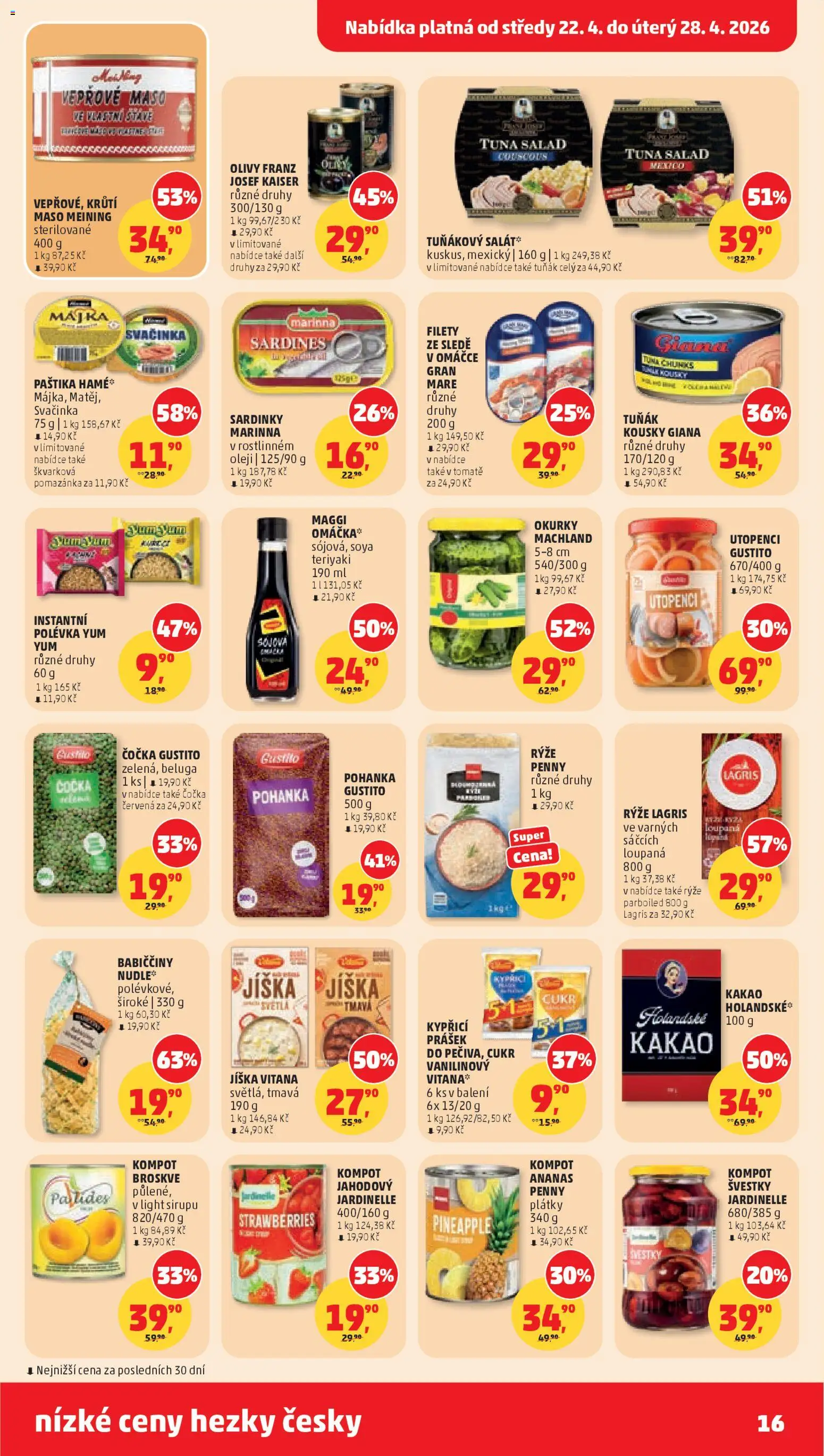 Penny Market leták od 22.04.2026 | Strana: 16 | Produkty: Tuňák, Vepřové maso, Cukr, Kompot broskve