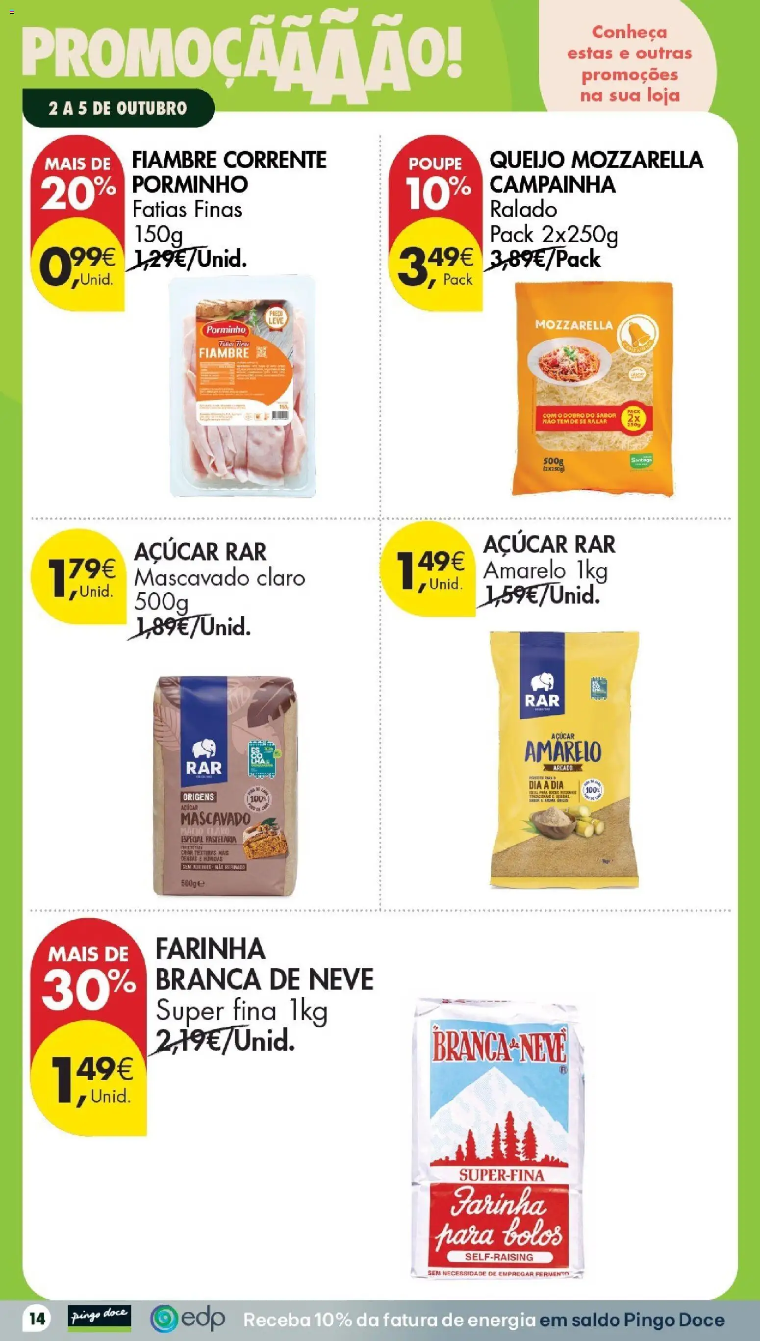 Pingo Doce folheto Poupe Este Fim de Semana │ válido de 02/10/2026 | Página: 14 | Produtos: Queijo Mozzarella, Fiambre, Campainha, Açúcar mascavado