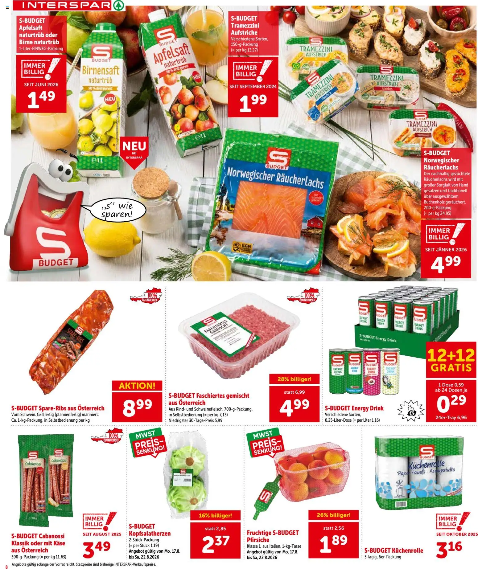 Interspar - Flugblatt gültig ab 20.08.2026 | Seite: 8 | Produkte: Birne, Apfelsaft, Käse, Schinken