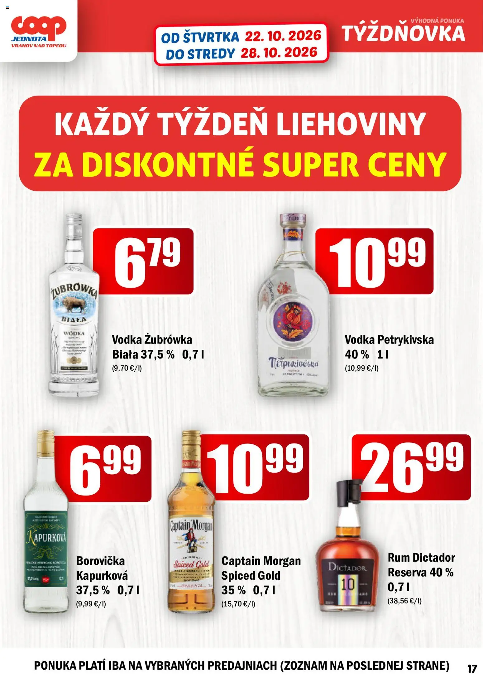 Nové COOP Jednota akcie – leták je platný od 22.10.2026 | Strana: 17 | Produkty: Borovička, Captain Morgan, Vodka, Rum