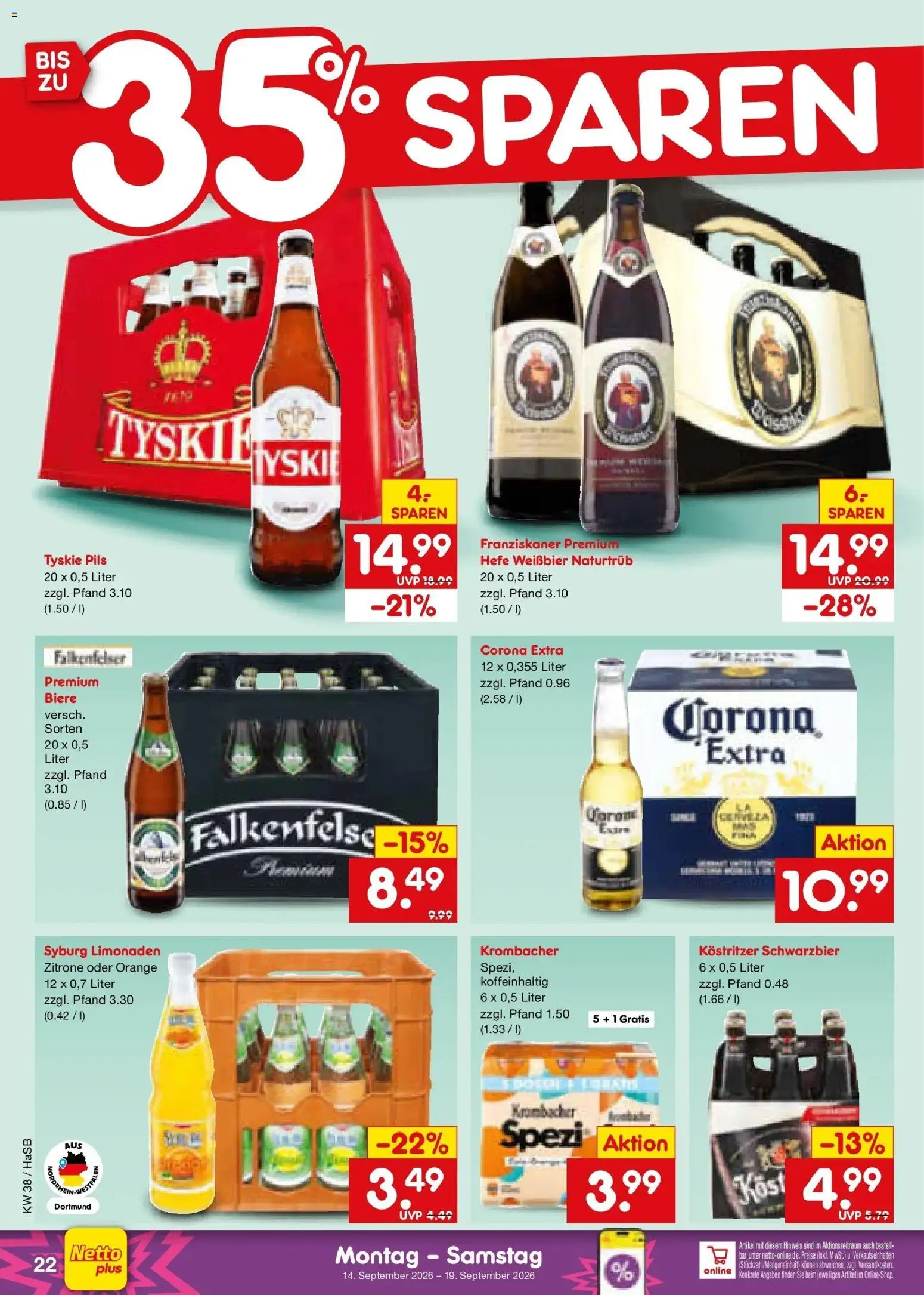 Netto Marken-Discount Prospekt Unna – gültig ab 14.09.2026 | Seite: 32 | Produkte: Tyskie, Weißbier, Pils, Zitrone