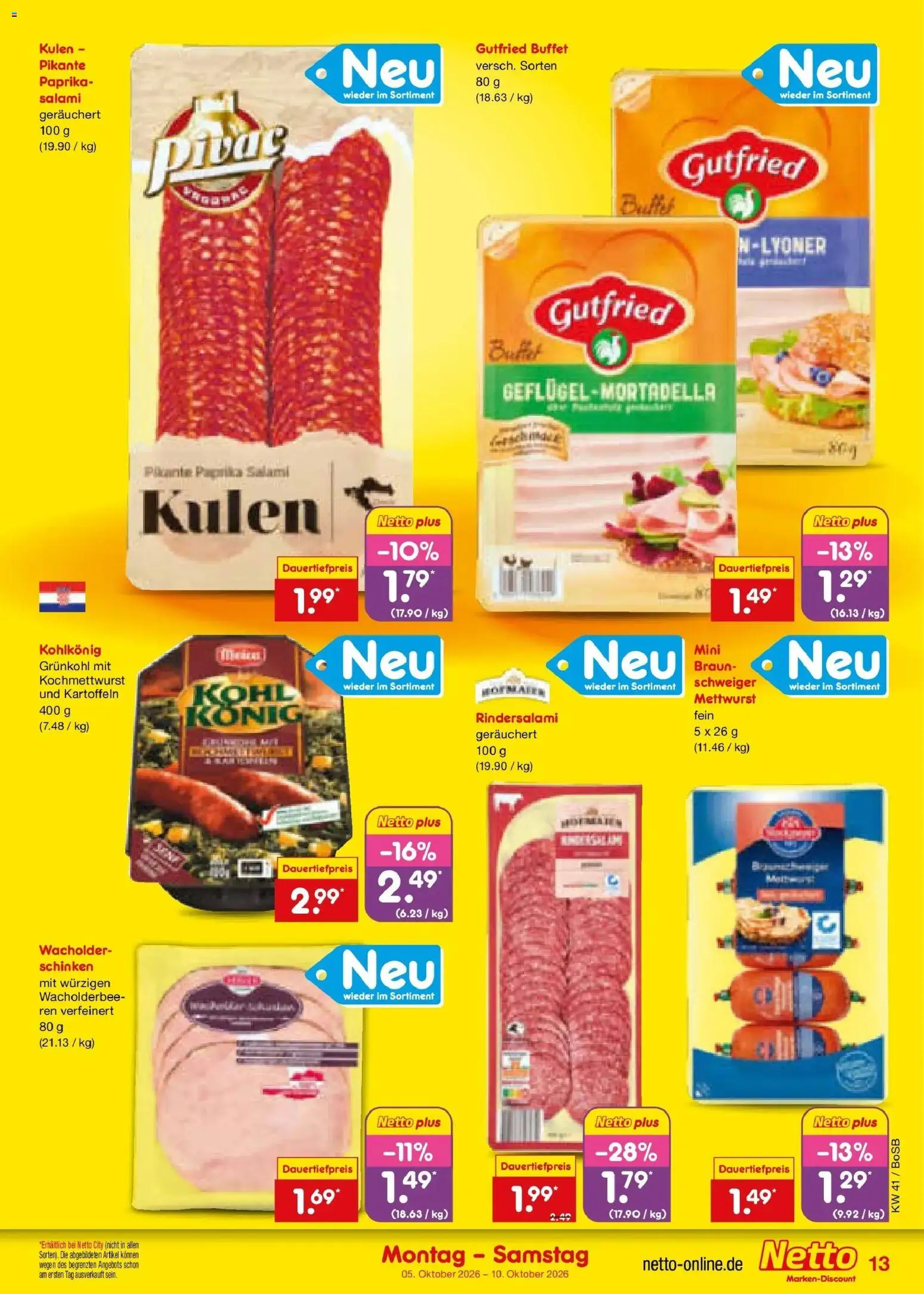 Netto Marken-Discount Prospekt Bochum – gültig ab 05.10.2026 | Seite: 13 | Produkte: Kartoffeln, Paprika, Salami, Schinken