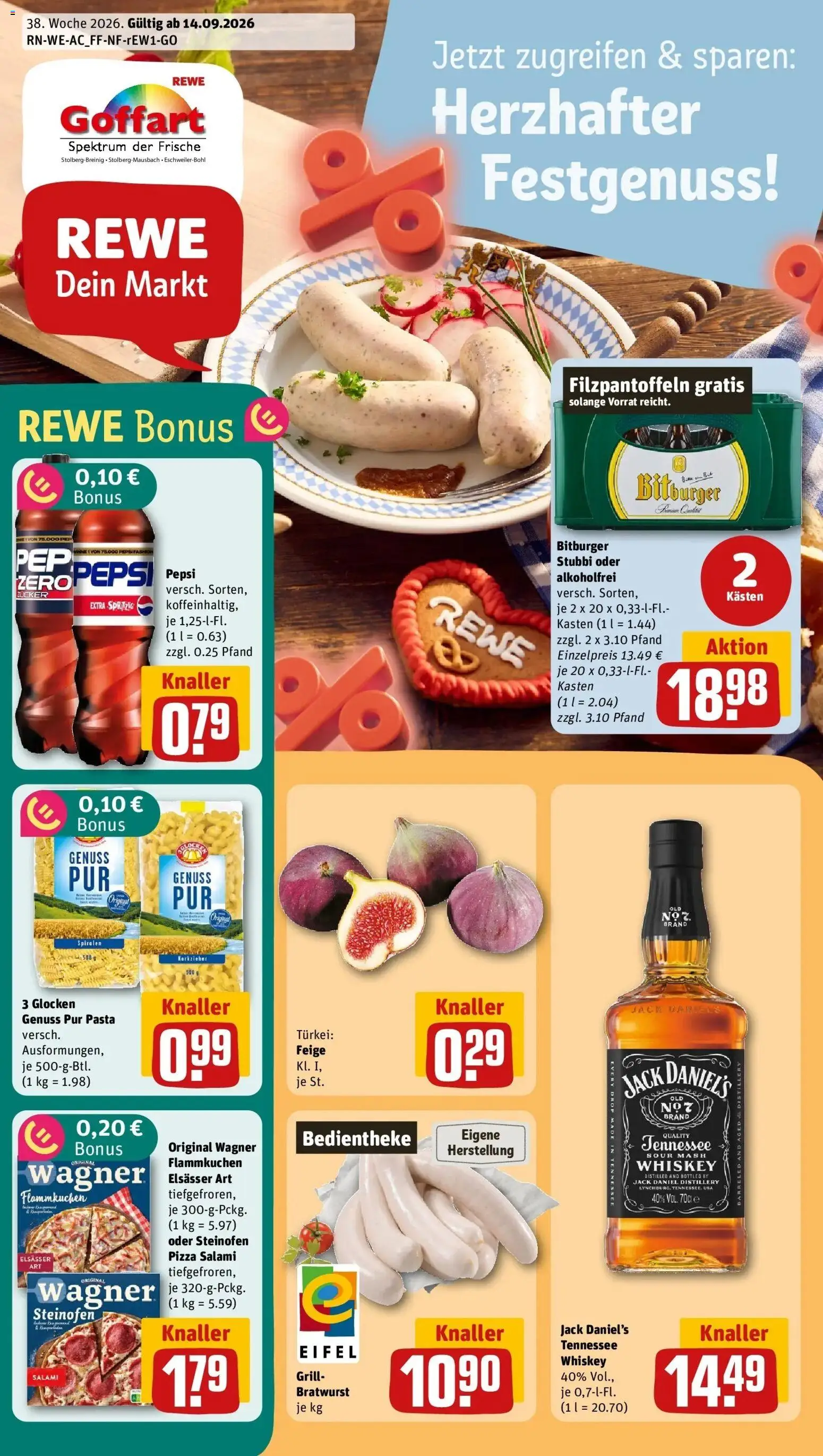REWE Prospekt ab 14.09.2026 zum Blättern » Angebote | Seite: 1 | Produkte: Bitburger, Pepsi, Salami, Pizza