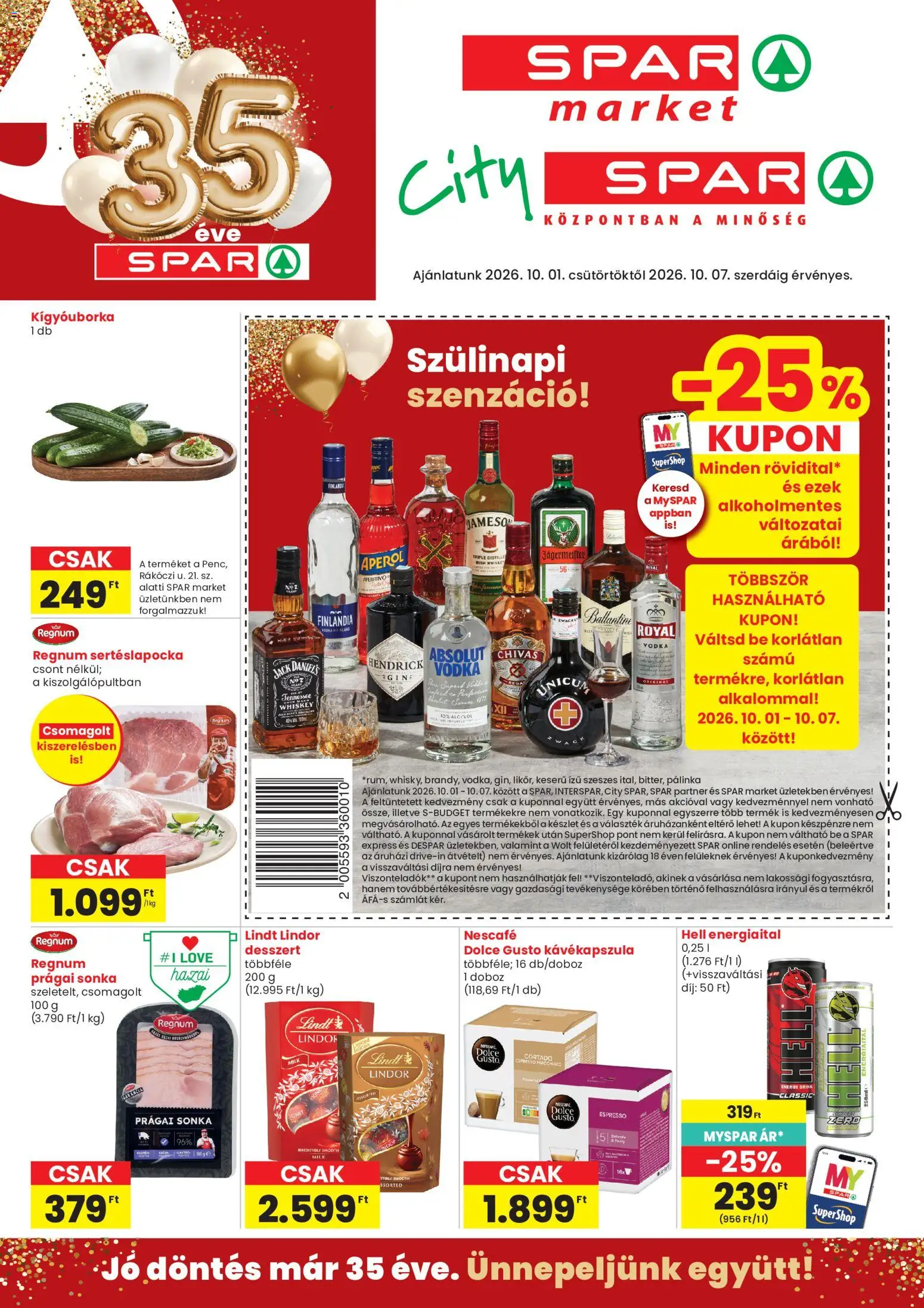 Spar akciós ujság - amely érvényes a következő dátumtól: 2026.10.01. | Oldal: 1 | Termékek: Absolut vodka, Lindor, Lindt, Doboz