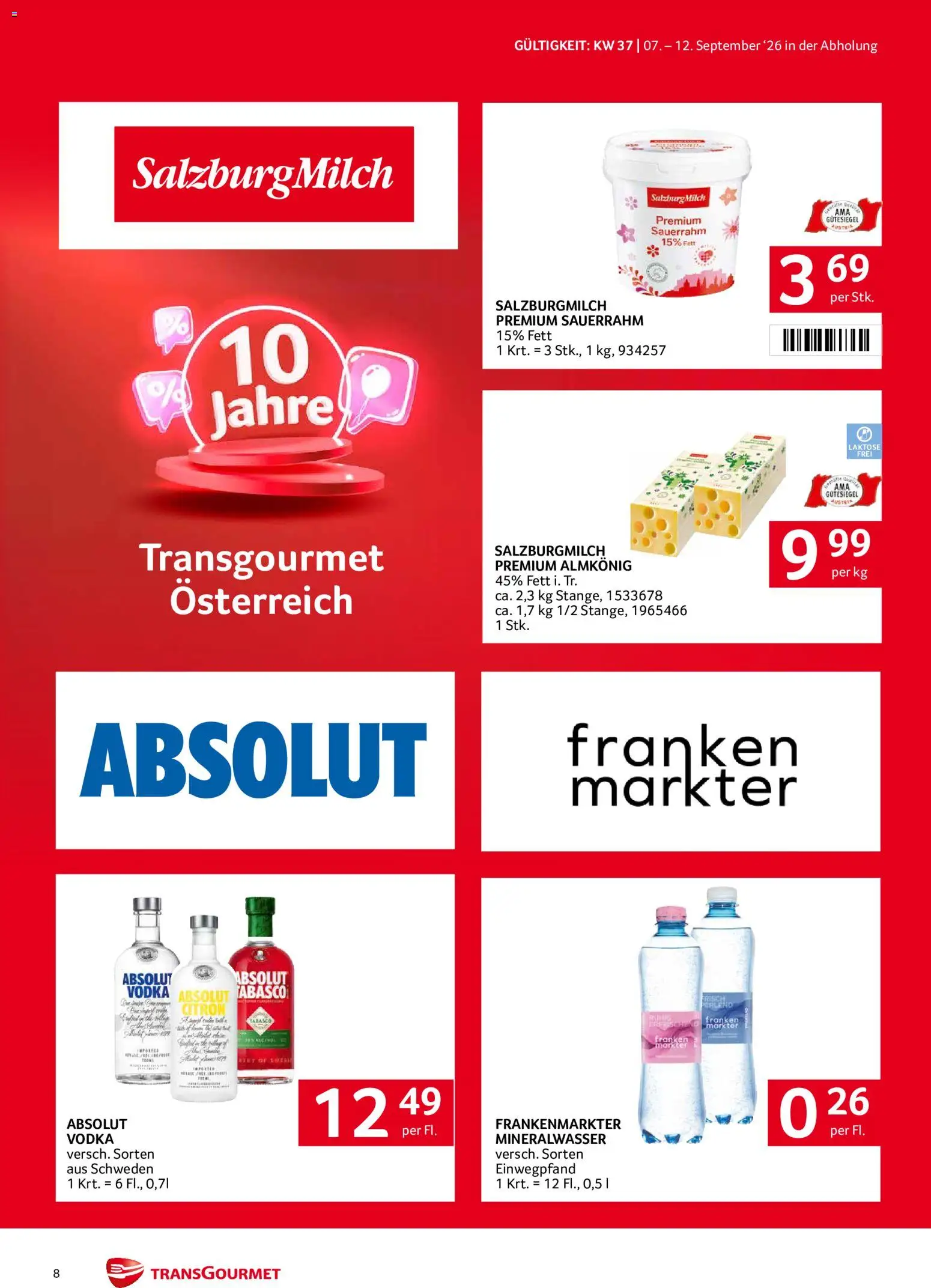 Transgourmet Flugblatt gültig ab 07.09.2026 | Seite: 8 | Produkte: Mineralwasser, Sauerrahm