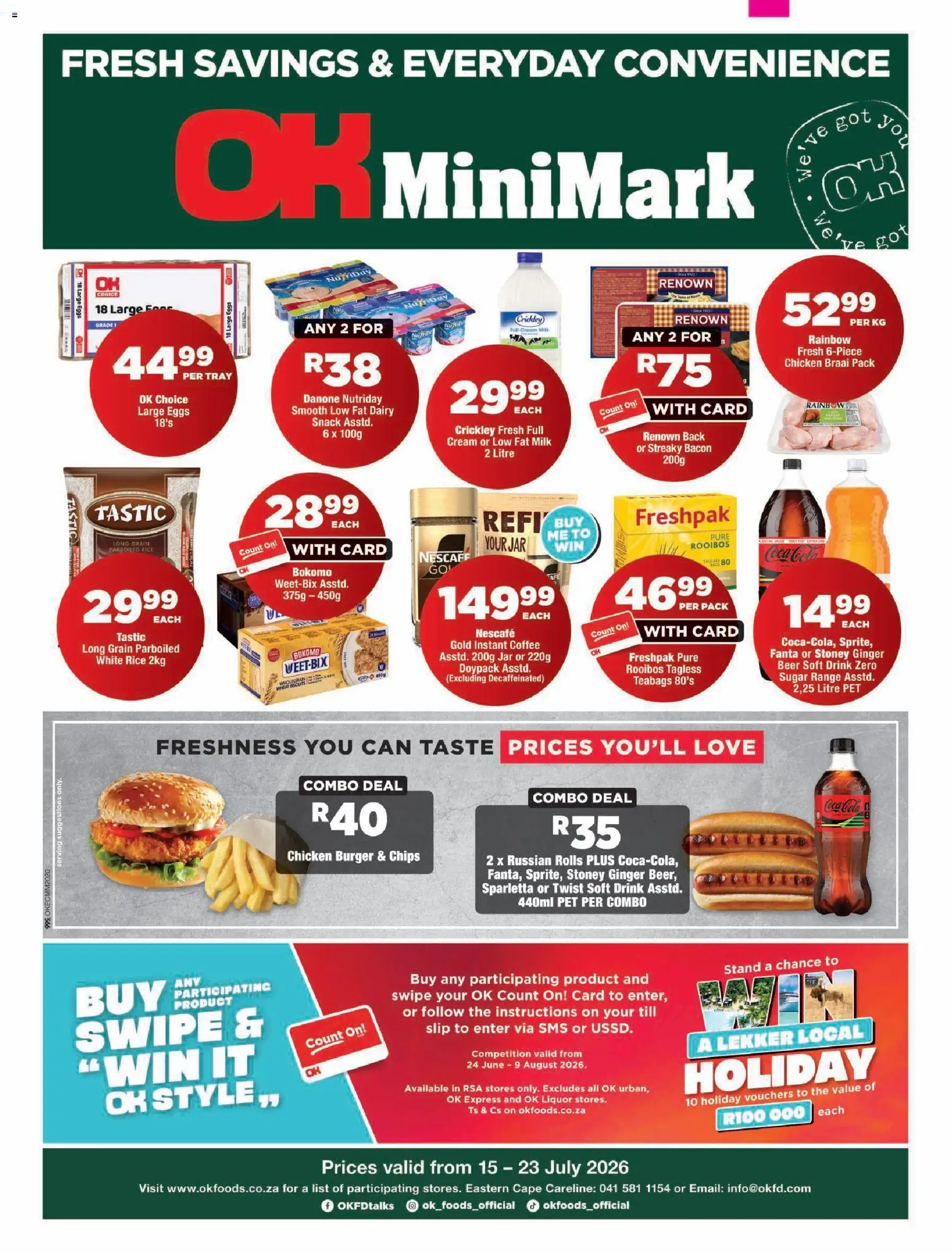 New OK Foods catalogue – valid from 15/07/2026 | Page: 1 | Products: Chicken, Stoney, Sugar, Bacon