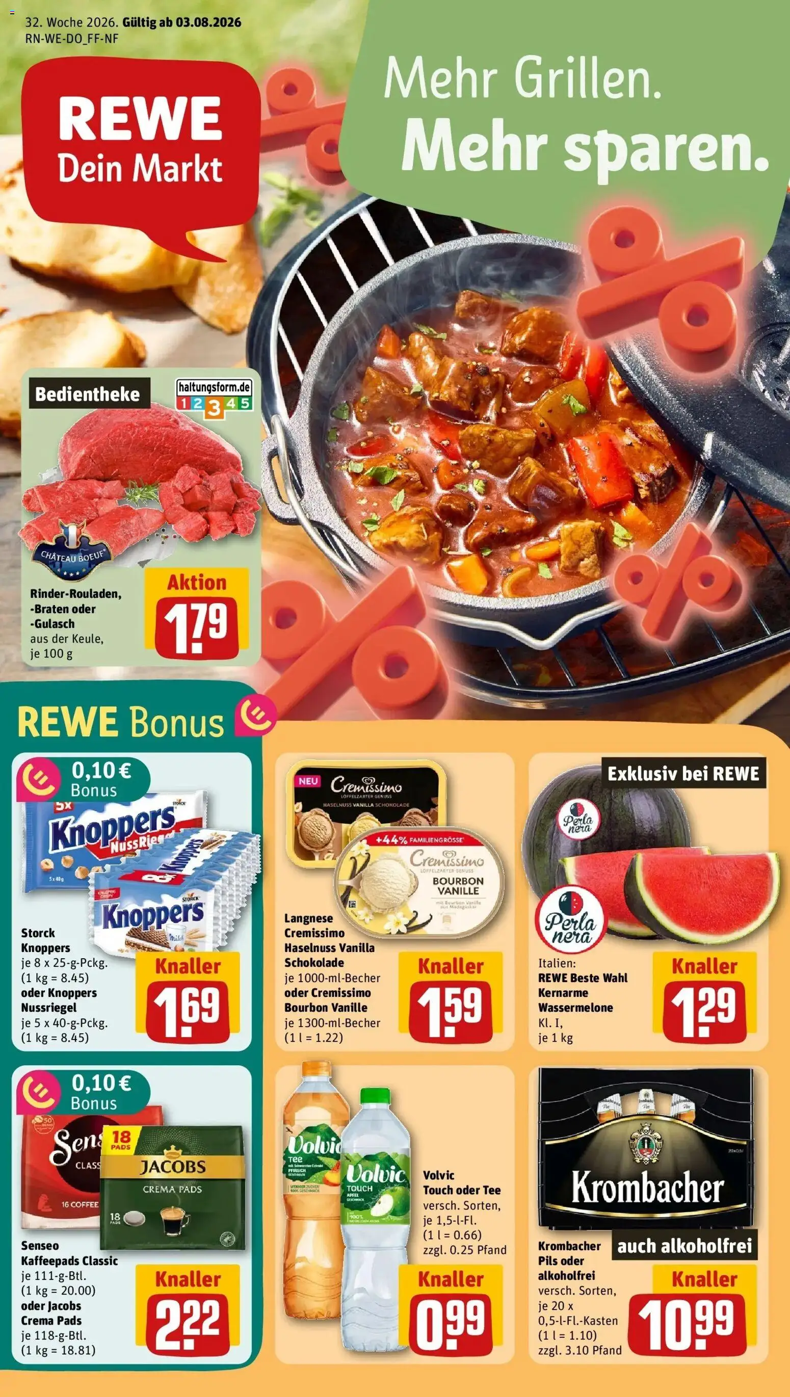 REWE Prospekt ab 03.08.2026 zum Blättern » Angebote | Seite: 1 | Produkte: Pils, Äpfel, Wassermelone, Volvic