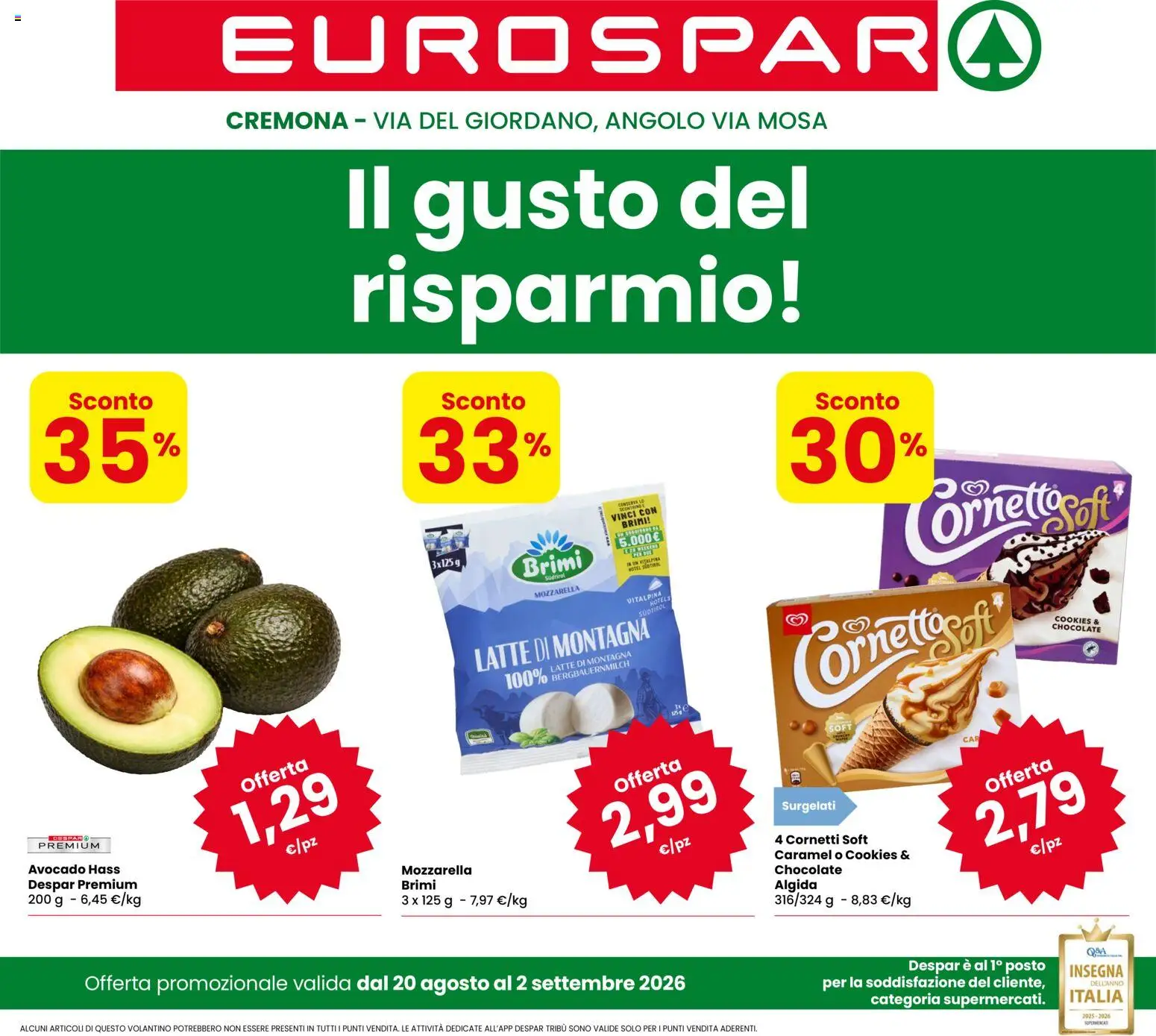Volantino Eurospar del 20/08/2026 | Pagina: 1 | Prodotti: Avocado, Mozzarella, Latte