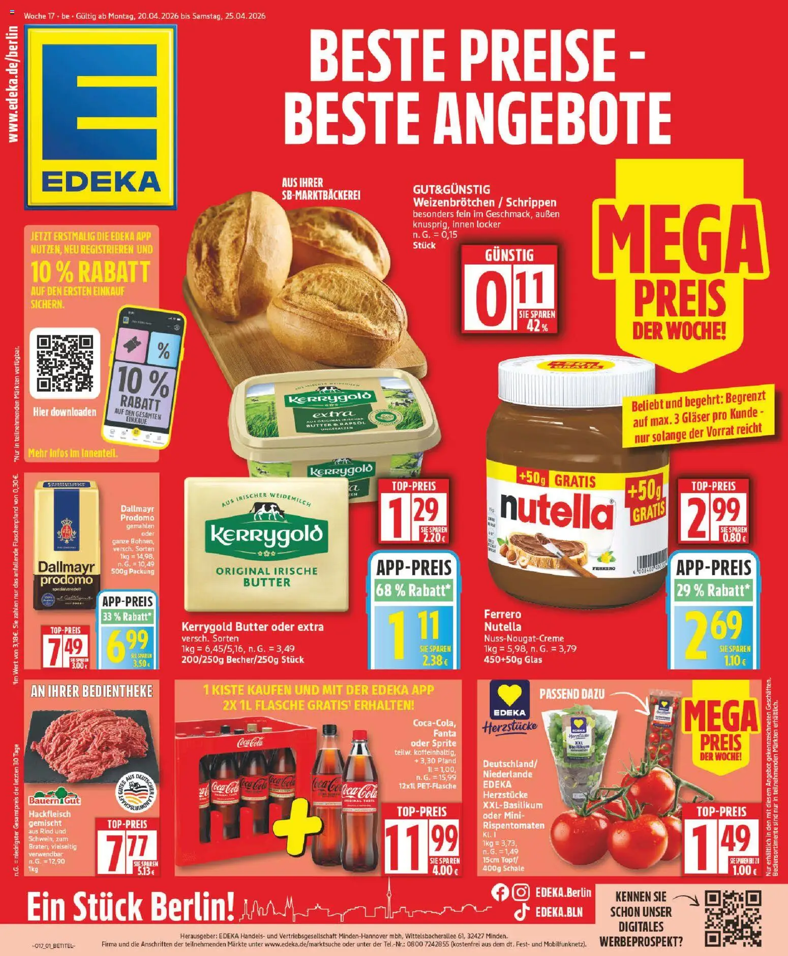 Edeka Prospekt 	 – gültig ab 20.04.2026 | Seite: 1 | Produkte: Coca cola, Butter, Nutella, Kerrygold butter