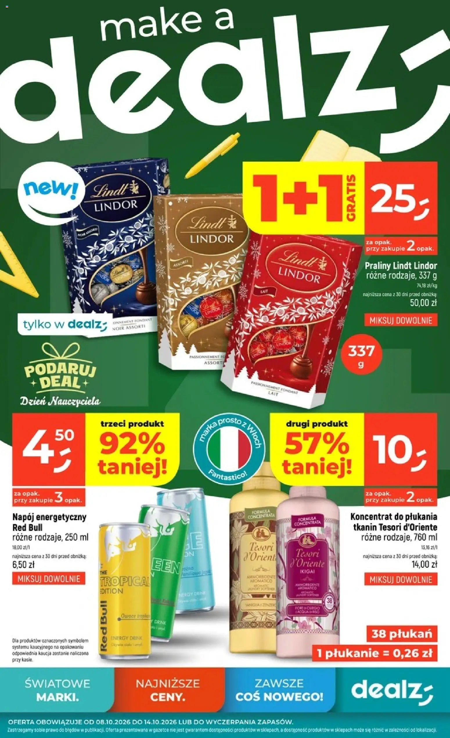 Dealz gazetka od 08.10.2026 | Strona: 1 | Produkty: Lindt, Tesori d'oriente, Praliny lindt, Lindor