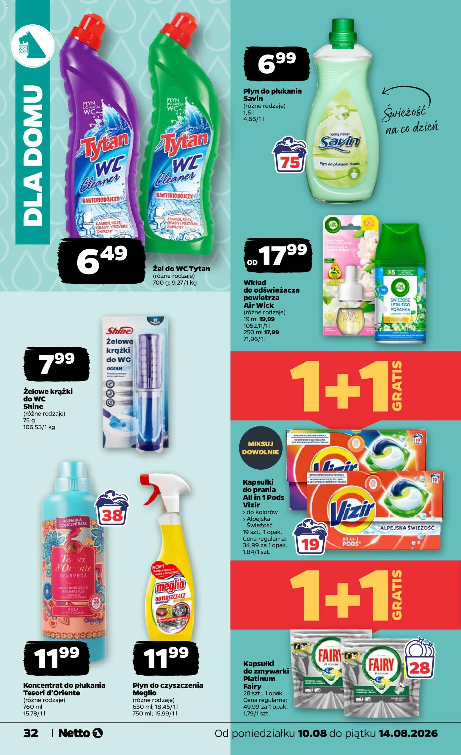 Netto gazetka od poniedziałku od 10.08.2026 | Strona: 32 | Produkty: Meglio, Płyn do płukania, Fairy kapsułki do zmywarki, Cleaner