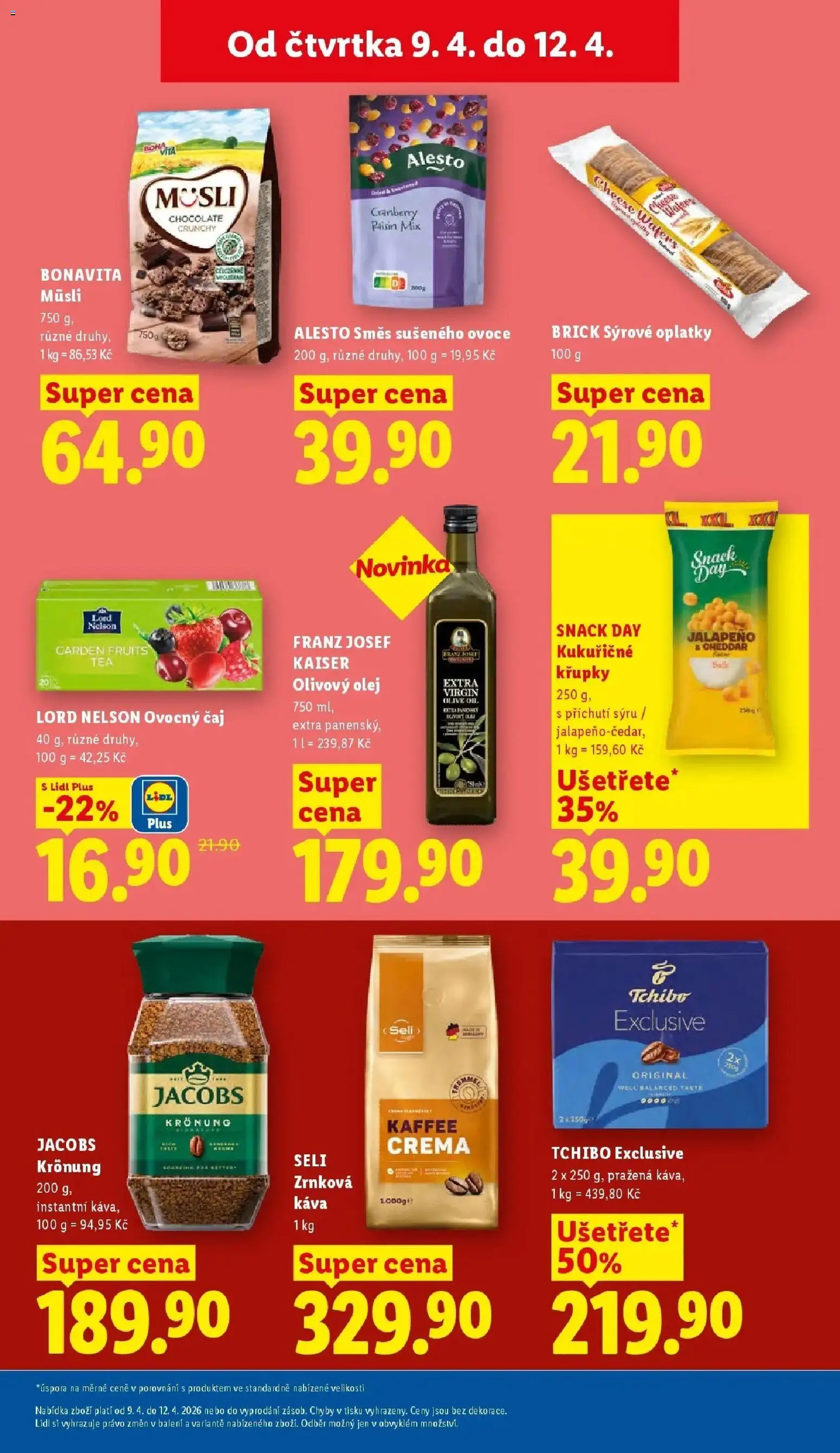 Lidl aktuální leták od 09.04.2026 | Strana: 21 | Produkty: Instantní káva, Jacobs Kronung, Čaj Lord Nelson, Oplatky