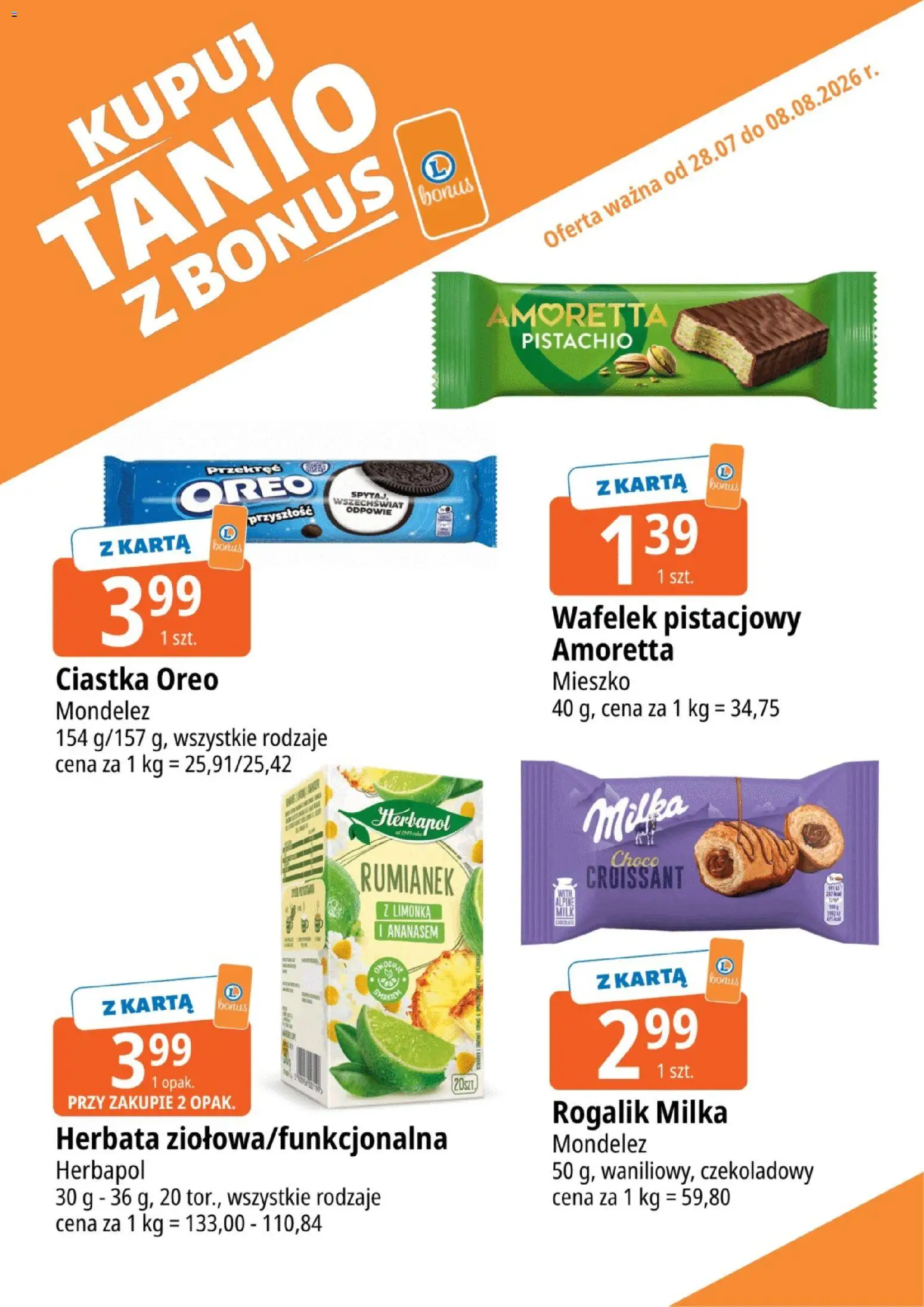 E.Leclerc gazetka - Kupuj Tanio Z Bonus od 28.07.2026 | Strona: 1 | Produkty: Karta, Limonka, Ciastka Oreo, Herbata