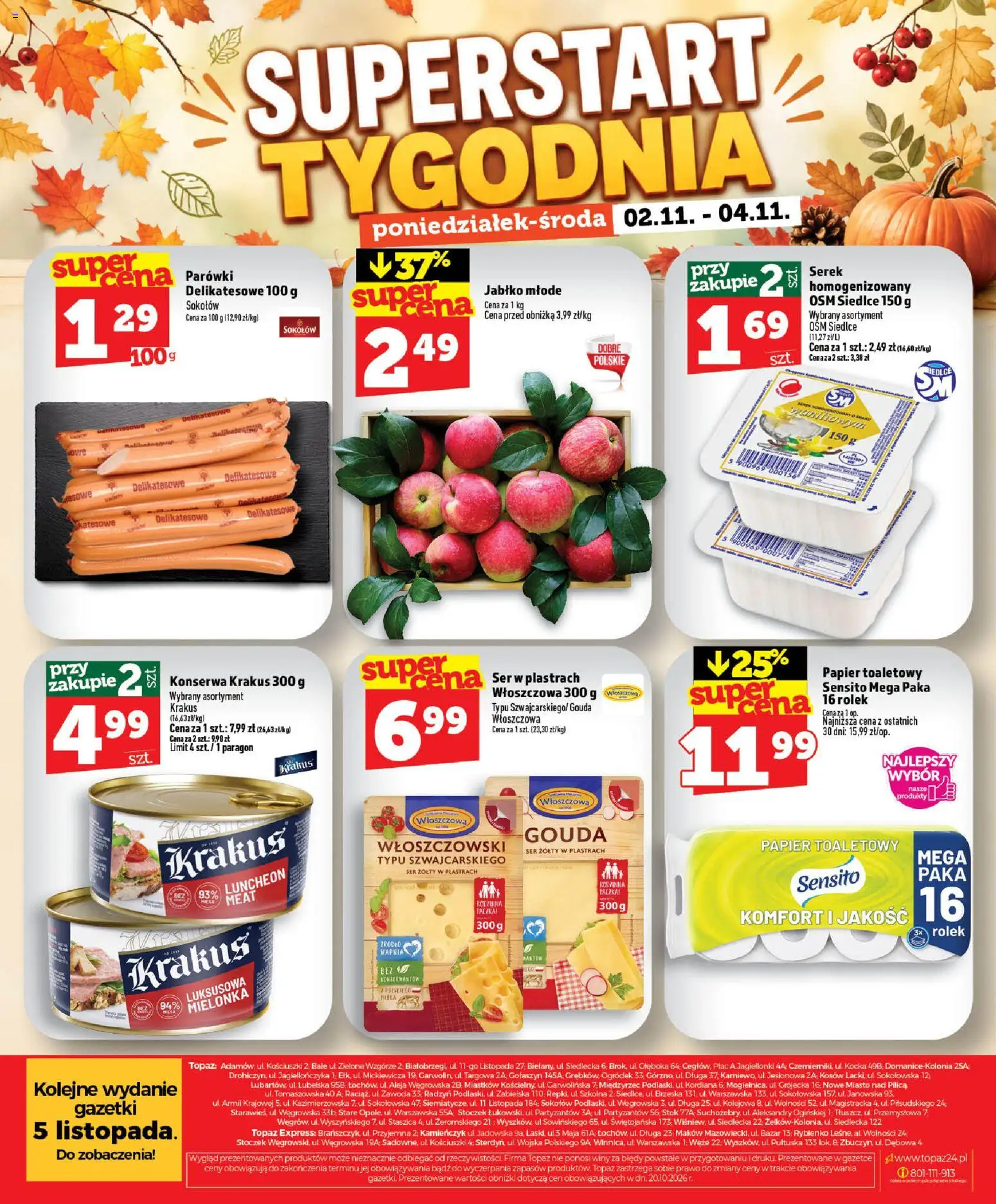 Topaz gazetka od 29.10.2026 | Strona: 62 | Produkty: Ser w plastrach, Ser żółty, Serek, Parówki