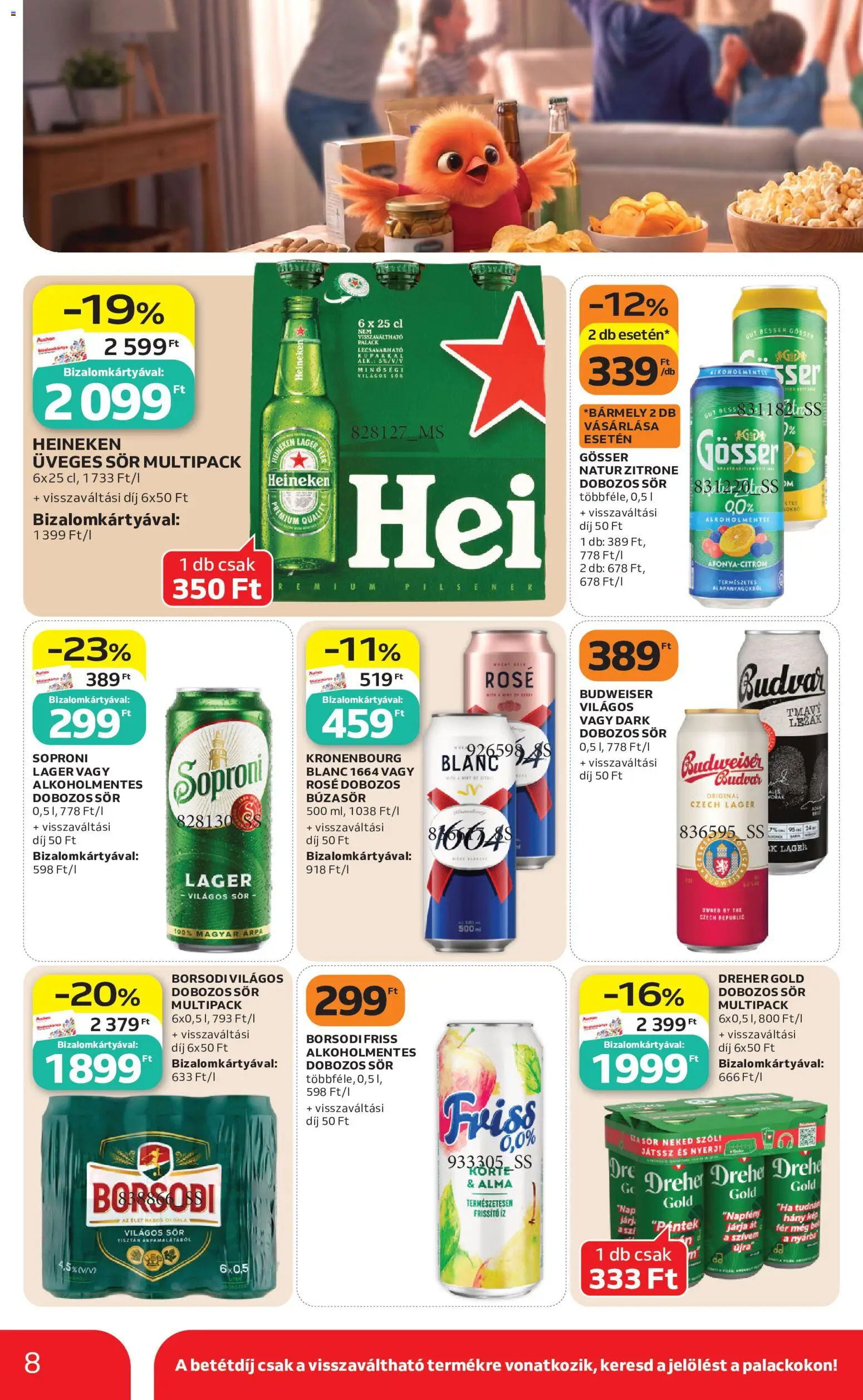 Auchan akciós ujság - amely érvényes a következő dátumtól: 2026.07.09. | Oldal: 8 | Termékek: Heineken, Gösser, Dobozos sör, Sör