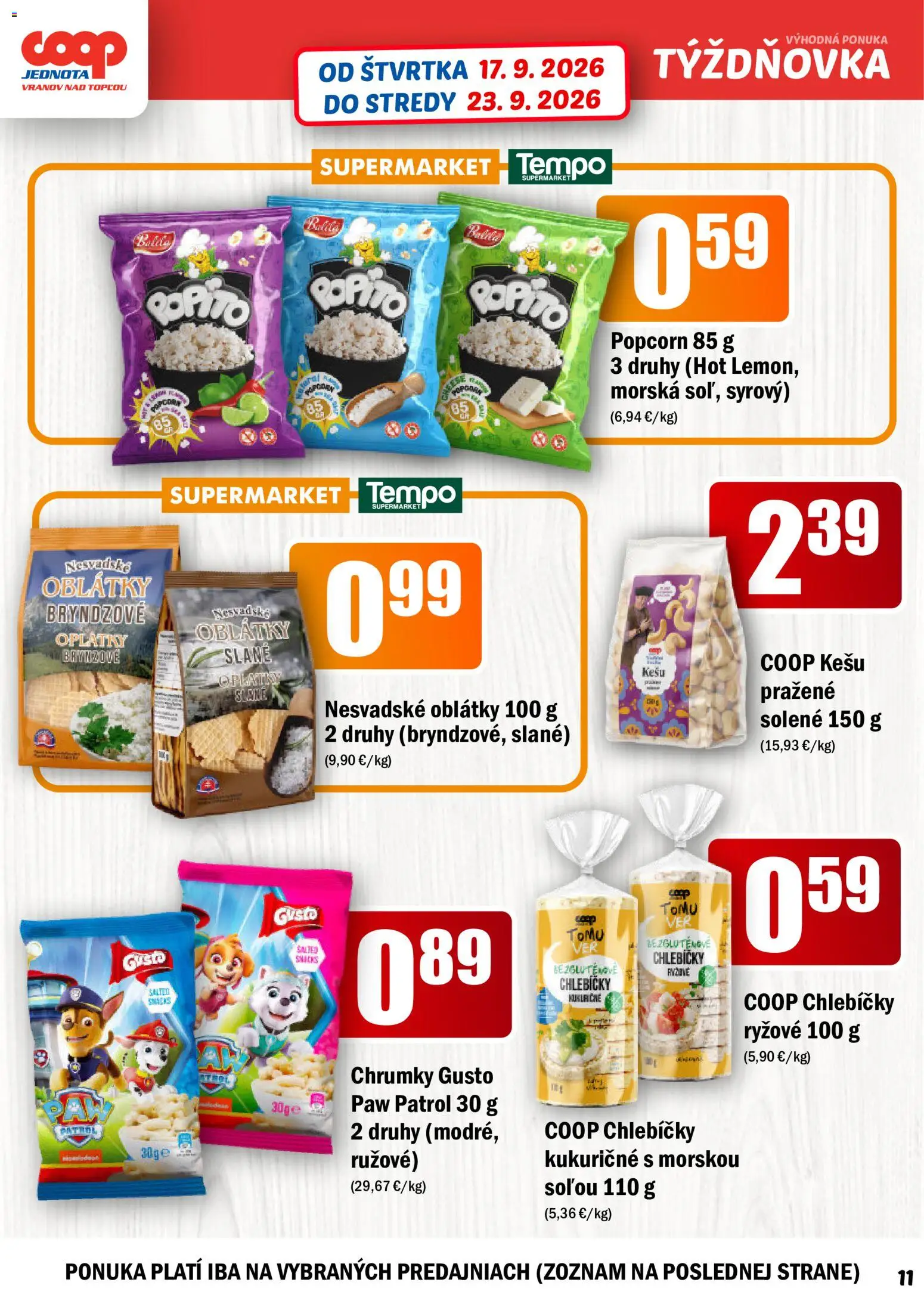 Nové COOP Jednota akcie – leták je platný od 17.09.2026 | Strana: 11 | Produkty: Popcorn, Oblátky, Kešu