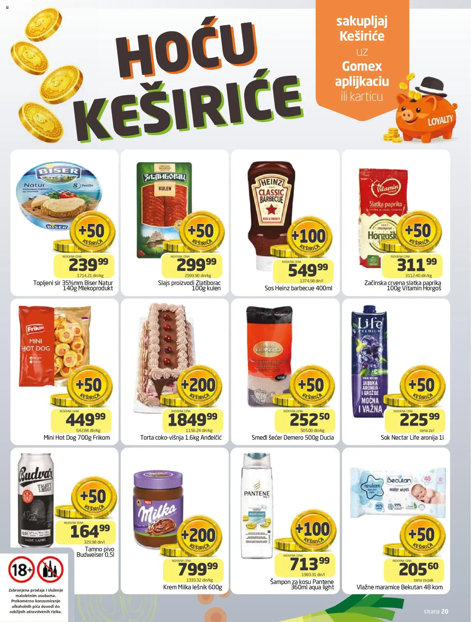 Gomex katalog - važi od 27.05.2026 | Strana: 20 | Proizvode: Budweiser, Kulen, Šampon, Torta