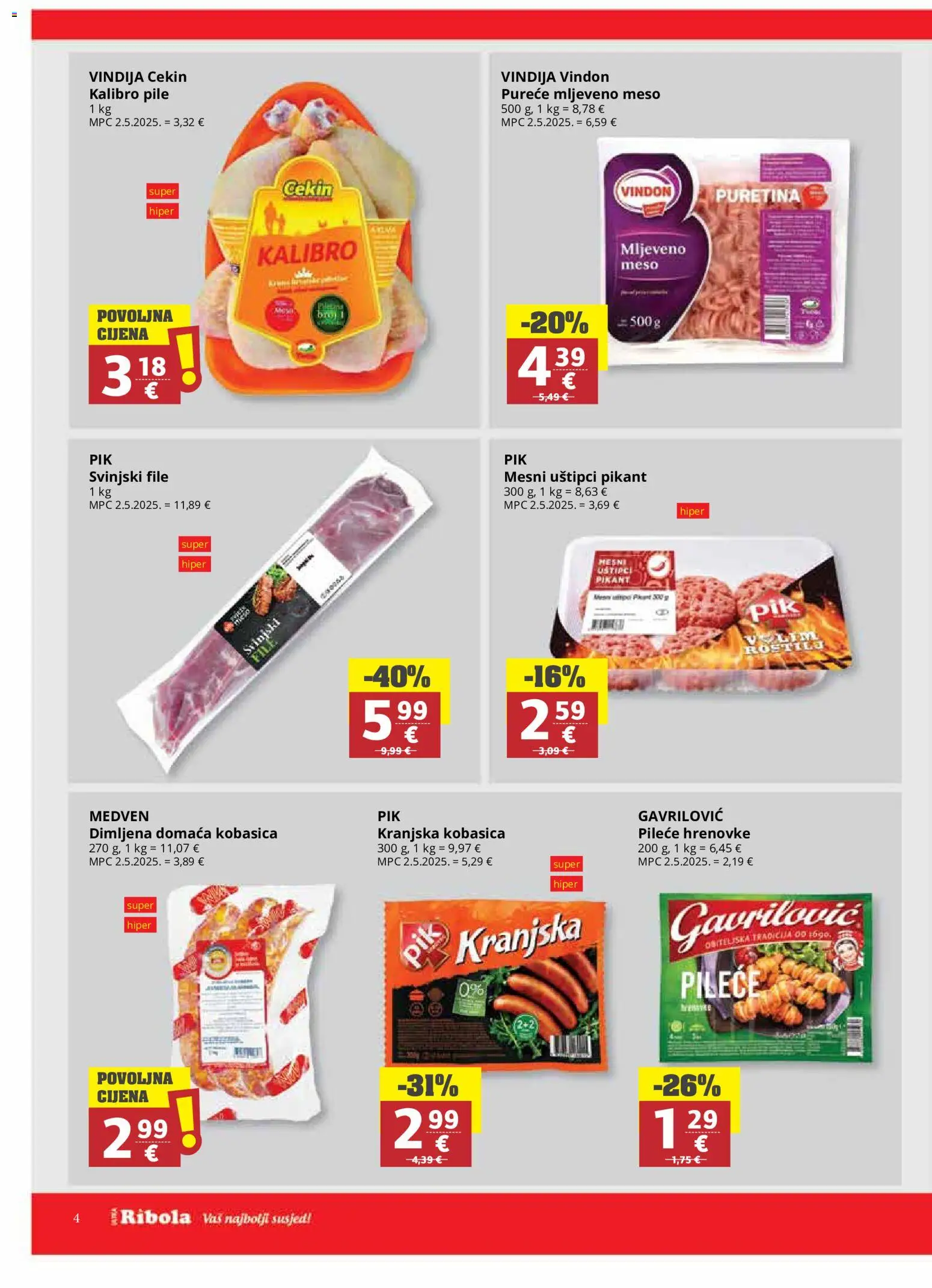 Ribola katalog | vrijedi od 06.08.2026 | Stranica: 4 | Proizvodi: Vindija, Meso, Hrenovke, Kobasica