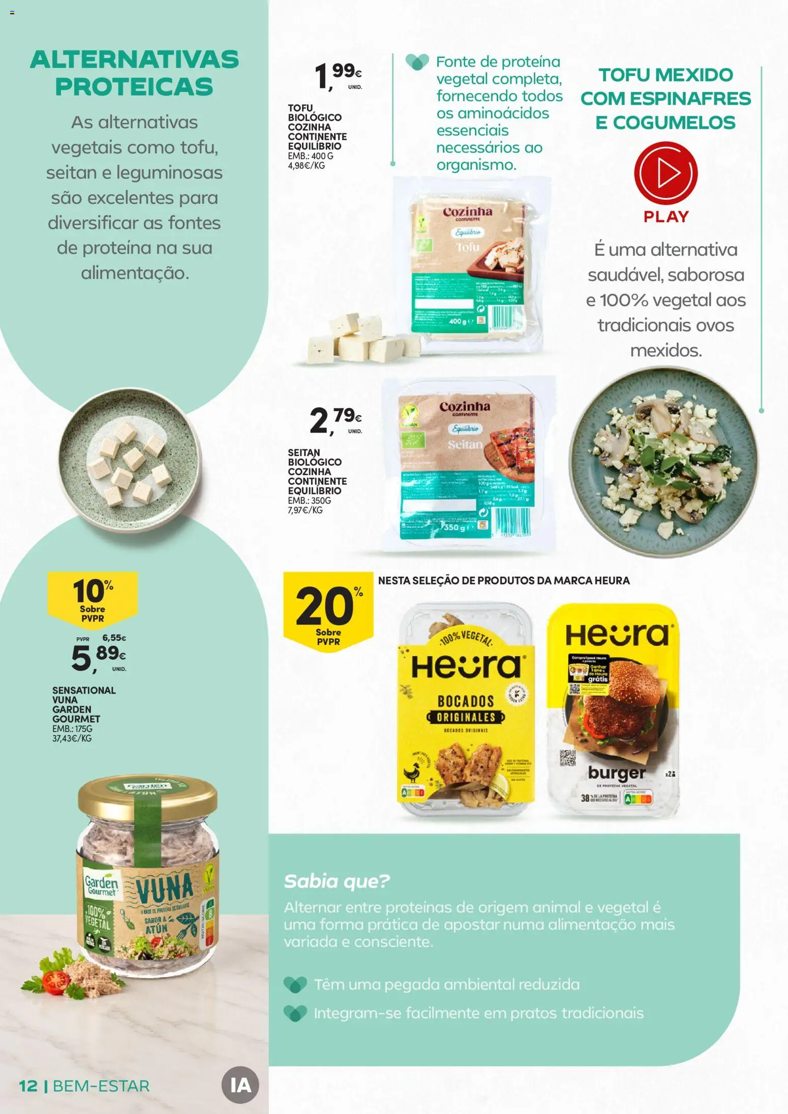 Continente Bem-Estar Assim toda a gente come melhor │ válido de 20/10/2026 | Página: 12 | Produtos: Espinafres, Pratos, Tofu, Cogumelos