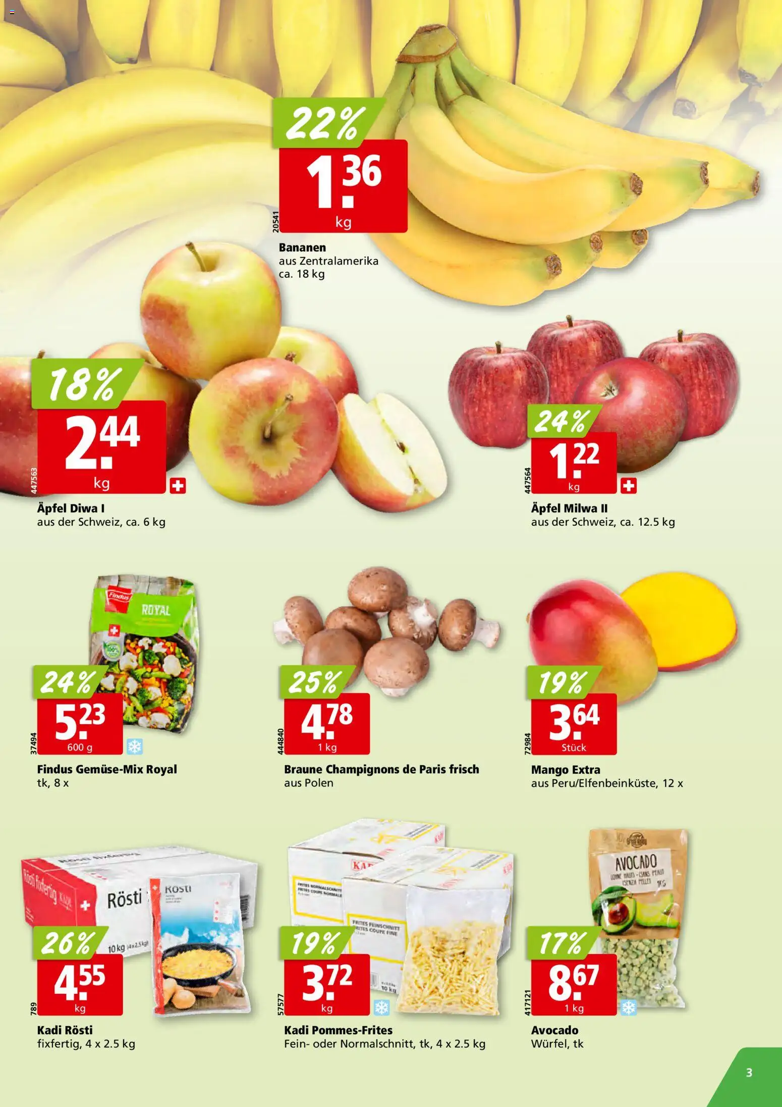 Aligro aktionen Schlieren, Gossau SG, Frauenfeld, Rapperswil-Jona, Sargans, Bern – gültig ab 20.04.2026 | Seite: 3 | Produkte: Äpfel, Avocado, Bananen, Mango