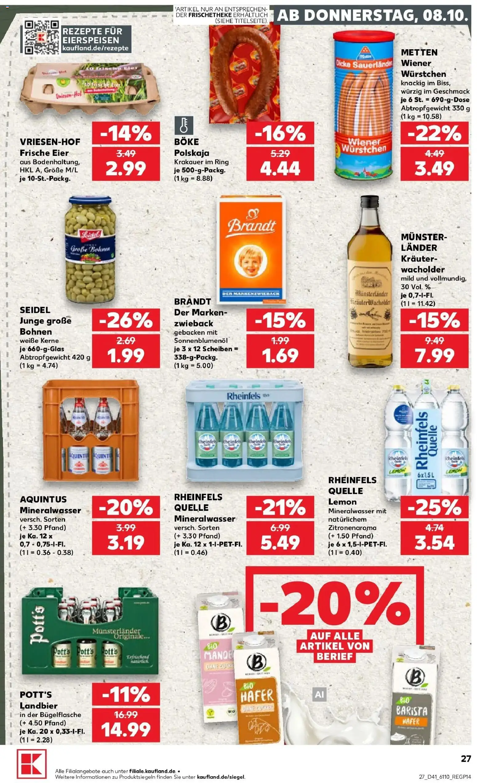 Prospekt Kaufland ab 08.10.2026 » Angebote Online zum Blättern | Seite: 27 | Produkte: Wiener wurstchen, Eier, Mineralwasser, Rheinfels quelle