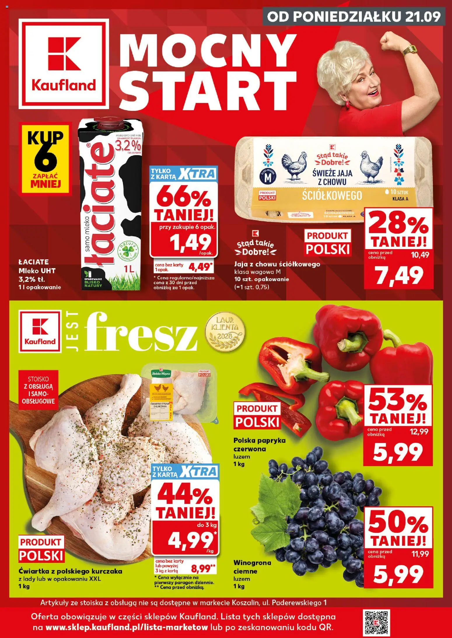 Kaufland Polsko leták - Mocny start od 21.09.2026 | Strana: 1 | Produkty: Mléko, Karty