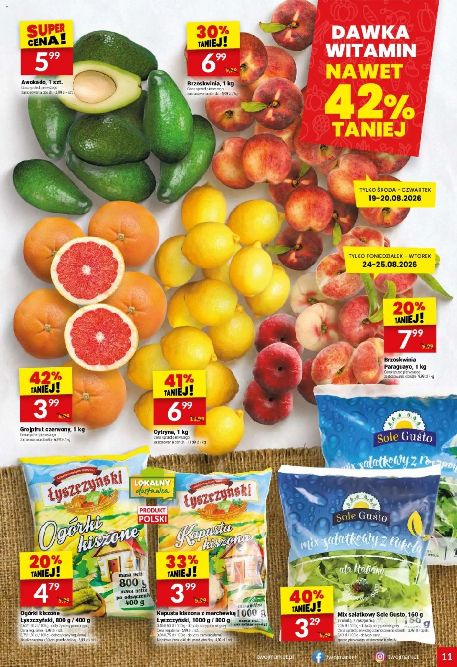 Twój Market gazetka od 19.08.2026 | Strona: 11 | Produkty: Brzoskwinia, Roszponka, Marchewka, Ogórki