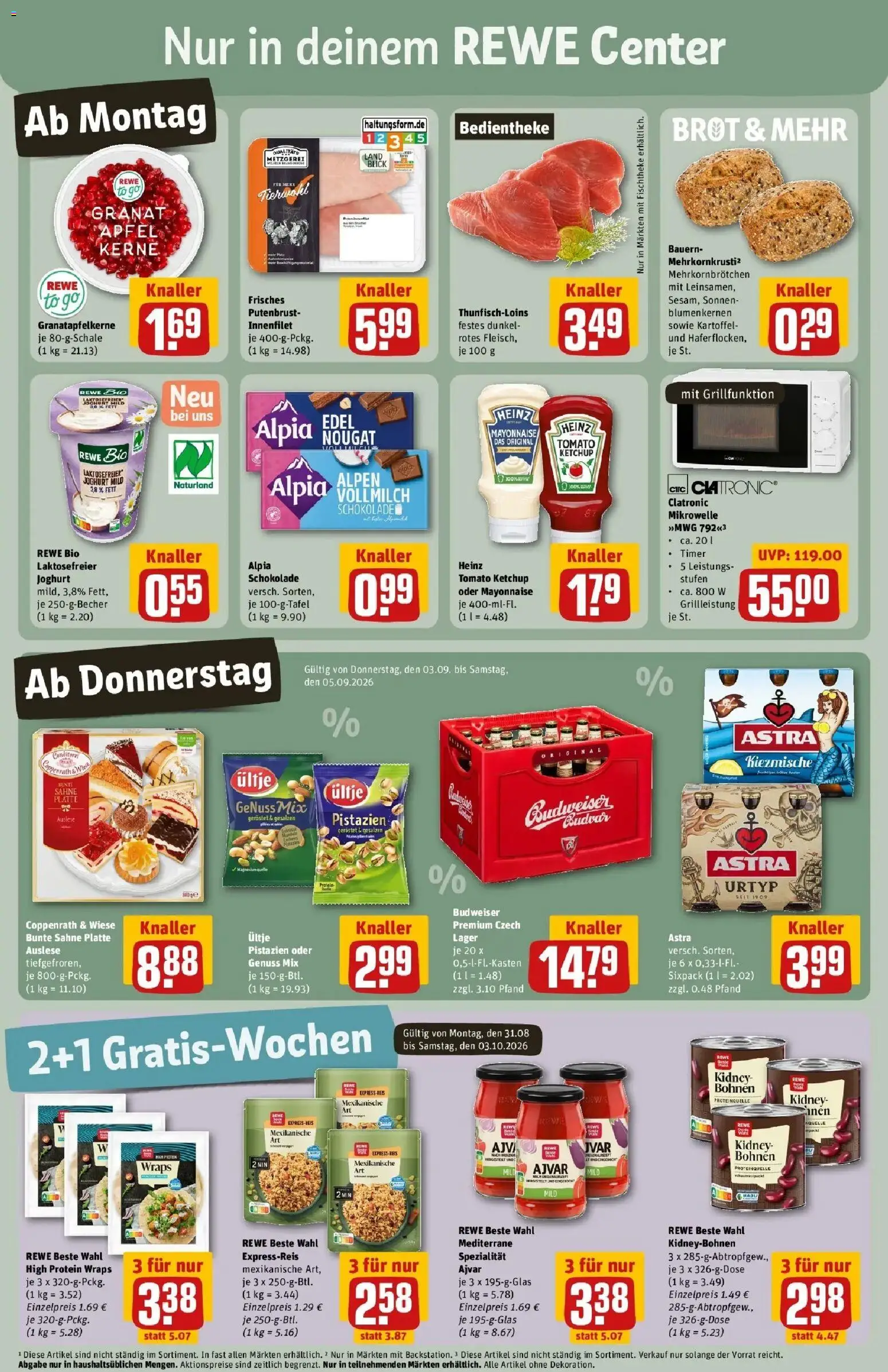 REWE Prospekt ab 31.08.2026 zum Blättern » Angebote | Seite: 3 | Produkte: Joghurt, Äpfel, Astra, Budweiser