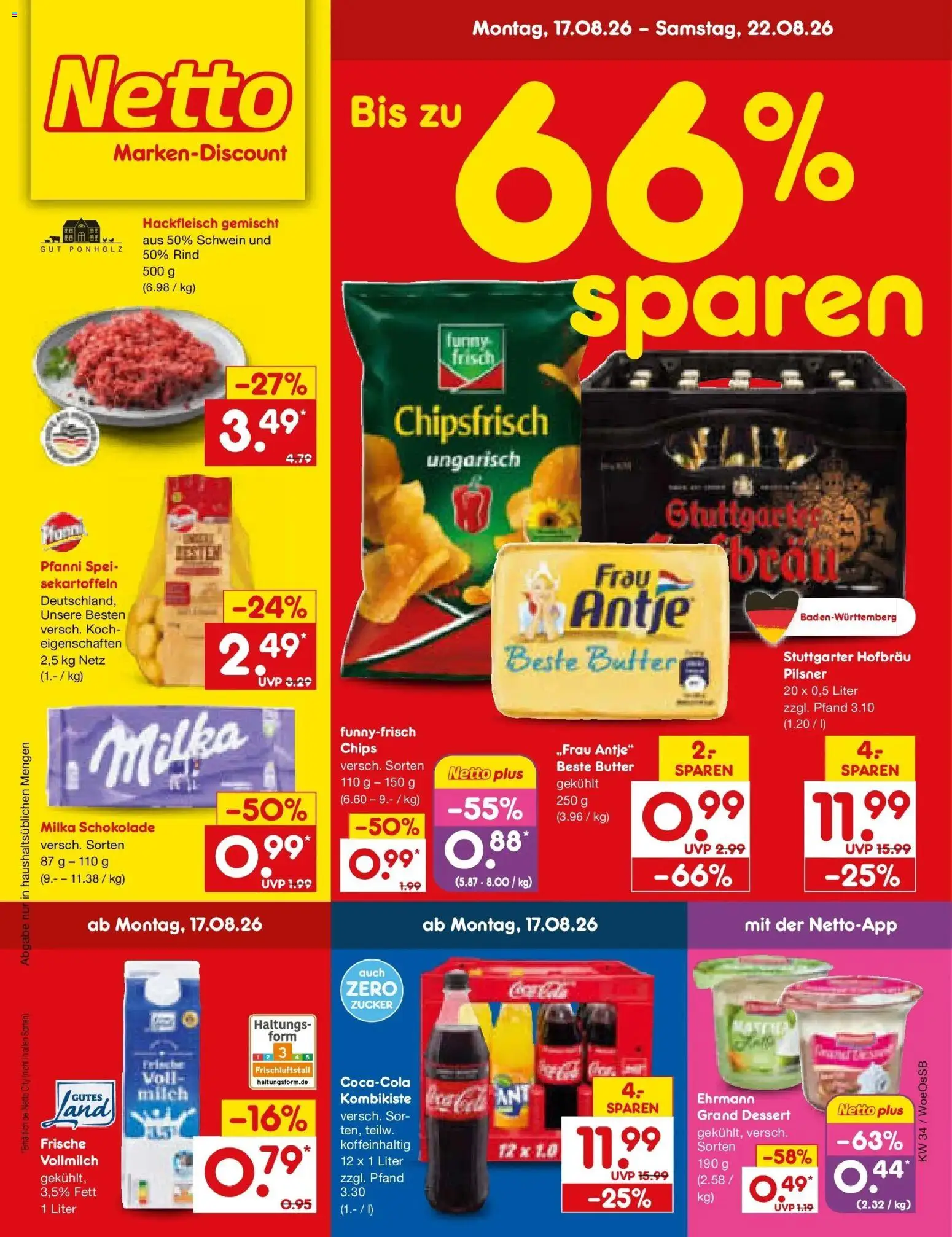 Netto Marken-Discount Prospekt Gemmingen – gültig ab 17.08.2026 | Seite: 1 | Produkte: Milch, Milka schokolade, Milka, Chips