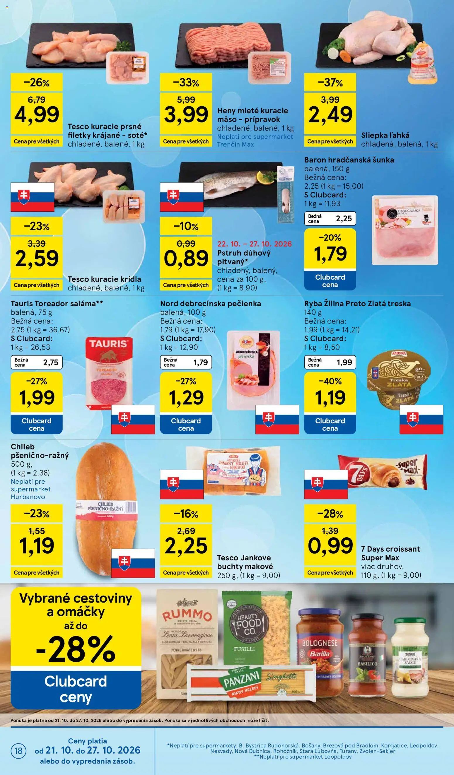 Nové Tesco akcie – leták je platný od 21.10.2026 | Strana: 18 | Produkty: Chlieb, Croissant, Cestoviny, Barilla