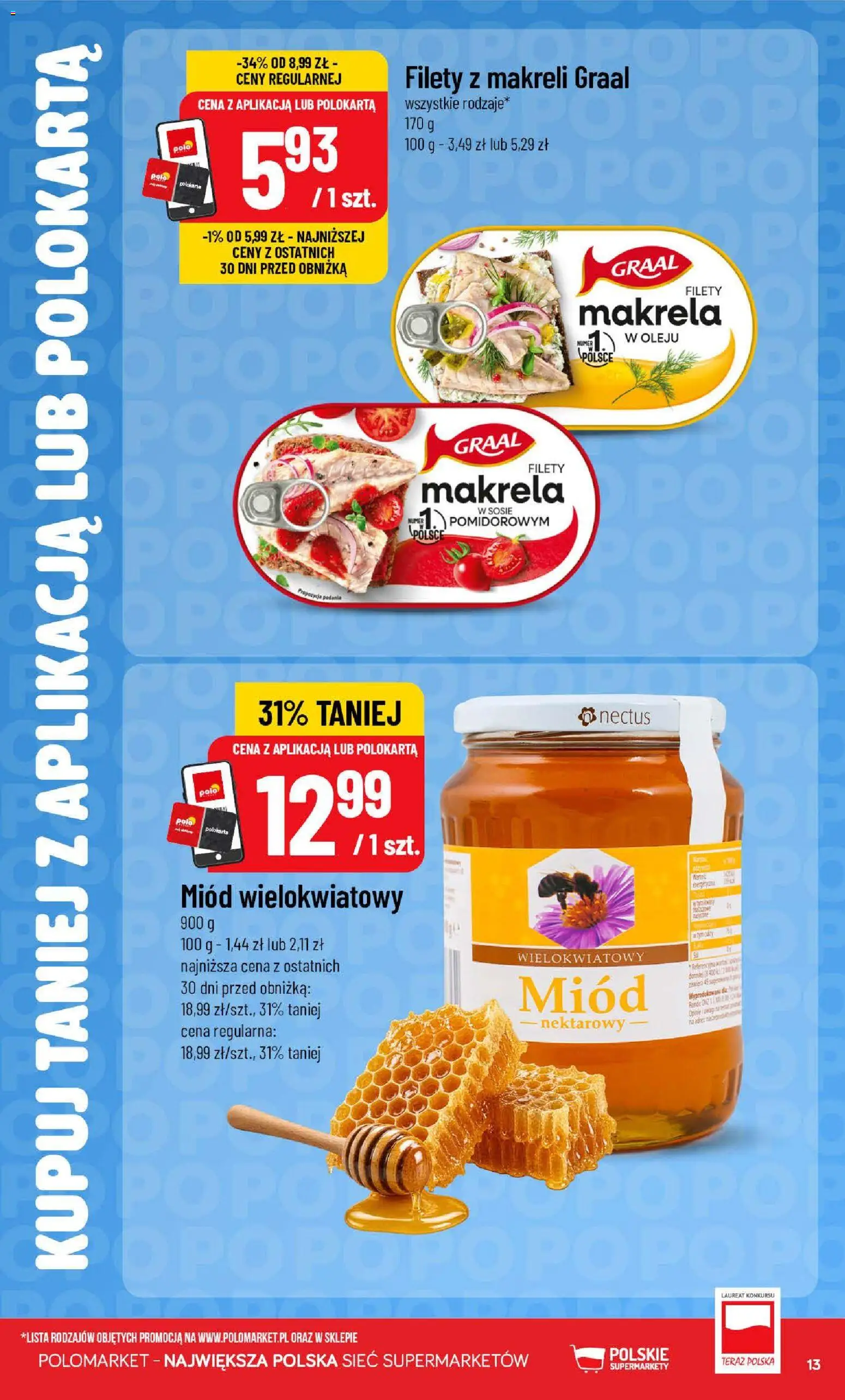 Nowa POLOmarket gazetka od jutra 14.10.2026 | Strona: 13 | Produkty: Miód, Makrela, Miód wielokwiatowy