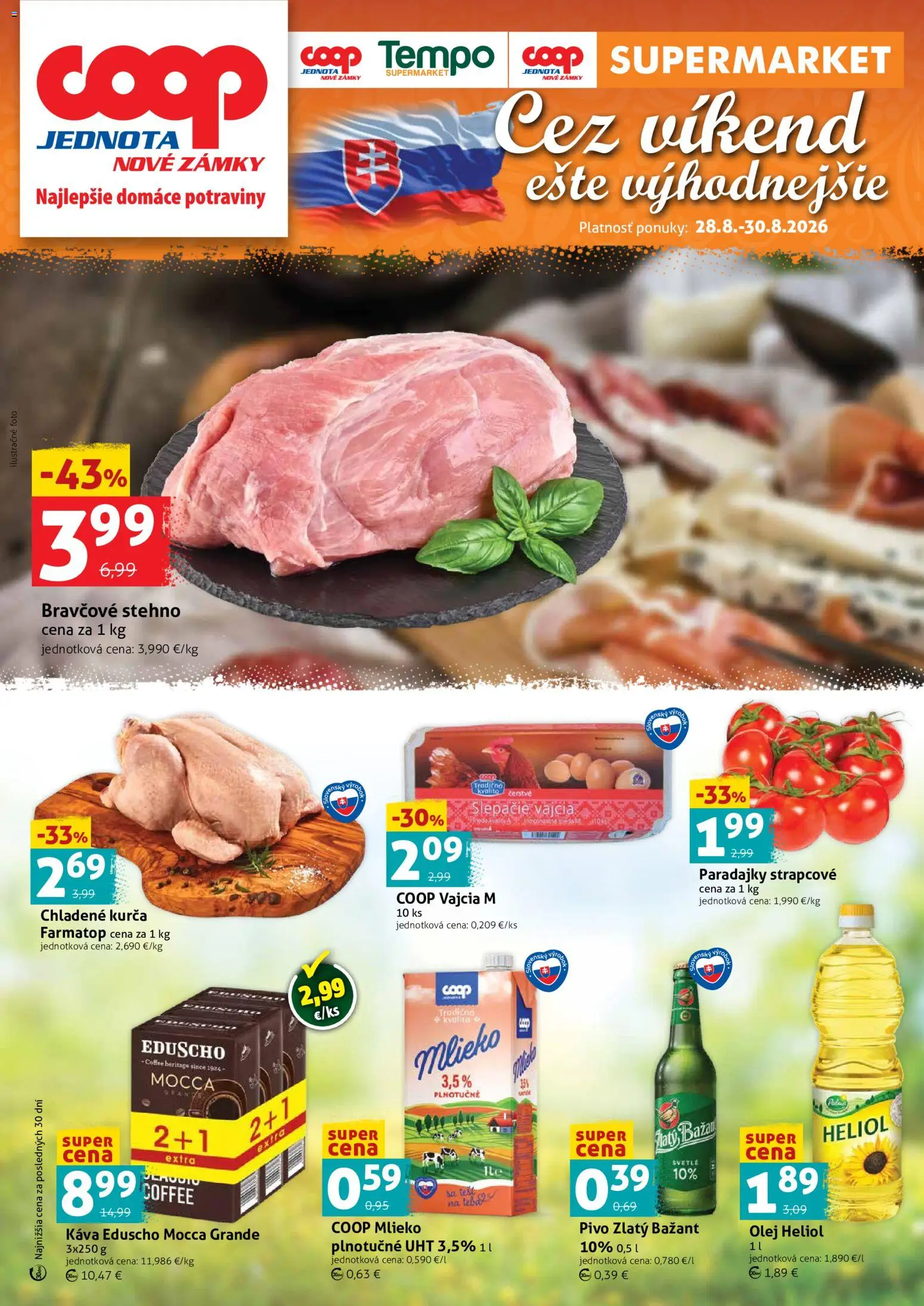 Nové COOP Jednota akcie – leták je platný od 28.08.2026 | Strana: 1 | Produkty: Pivo, Vajcia, Káva, Paradajky