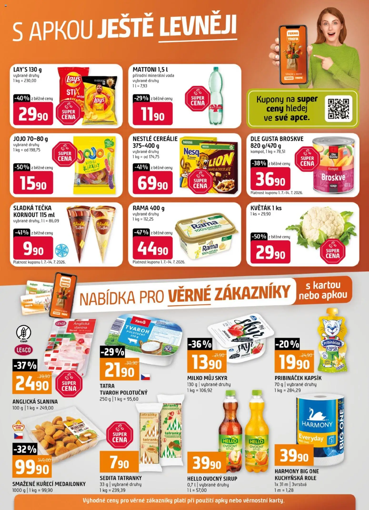 Terno leták - Nabídka pro věrné zákazníky od 01.07.2026 | Strana: 1 | Produkty: Jojo, Cereálie, Pribináček, Slanina