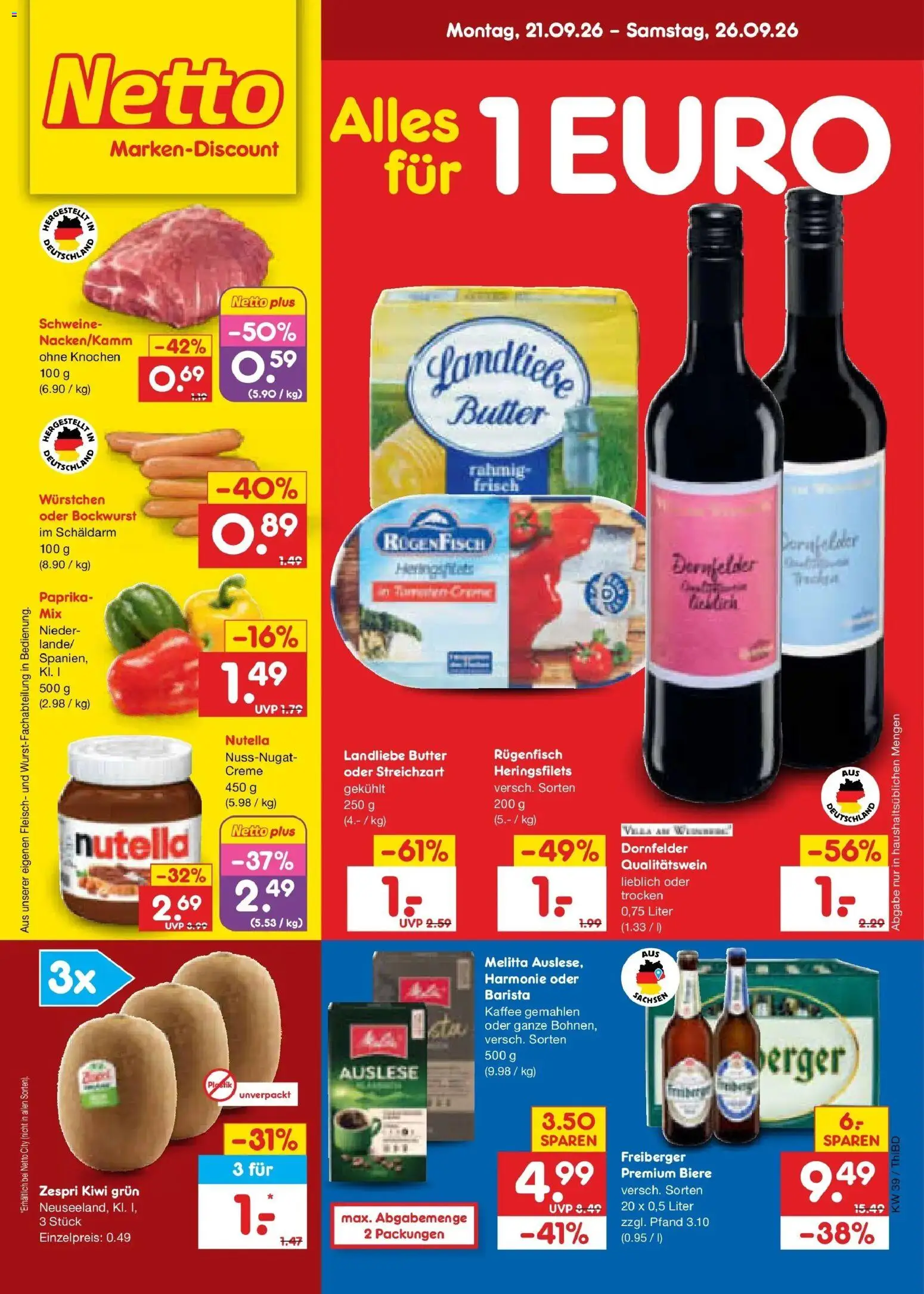 Netto Marken-Discount Prospekt Thiendorf – gültig ab 21.09.2026 | Seite: 1 | Produkte: Bockwurst, Kaffee, Paprika, Kiwi