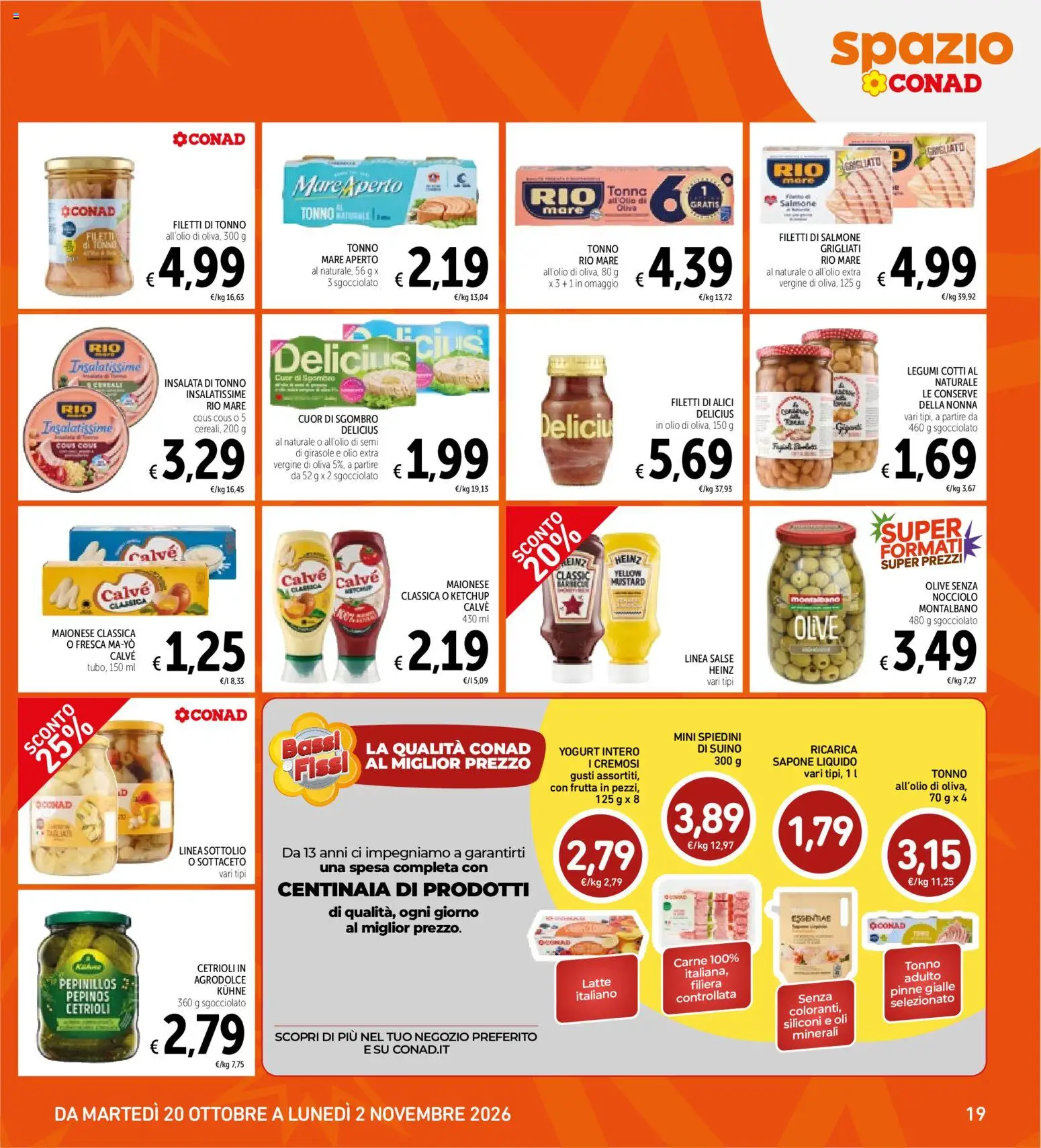 Volantino Spazio Conad del 20/10/2026 | Pagina: 19 | Prodotti: Pinne, Conserve, Spiedini, Alici